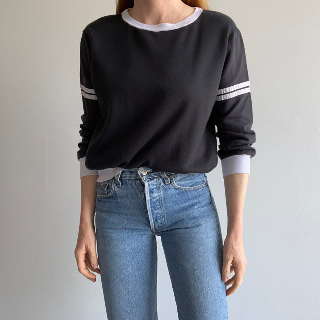 1980s Double Stripe Lightweight Black and White Sweatshirt