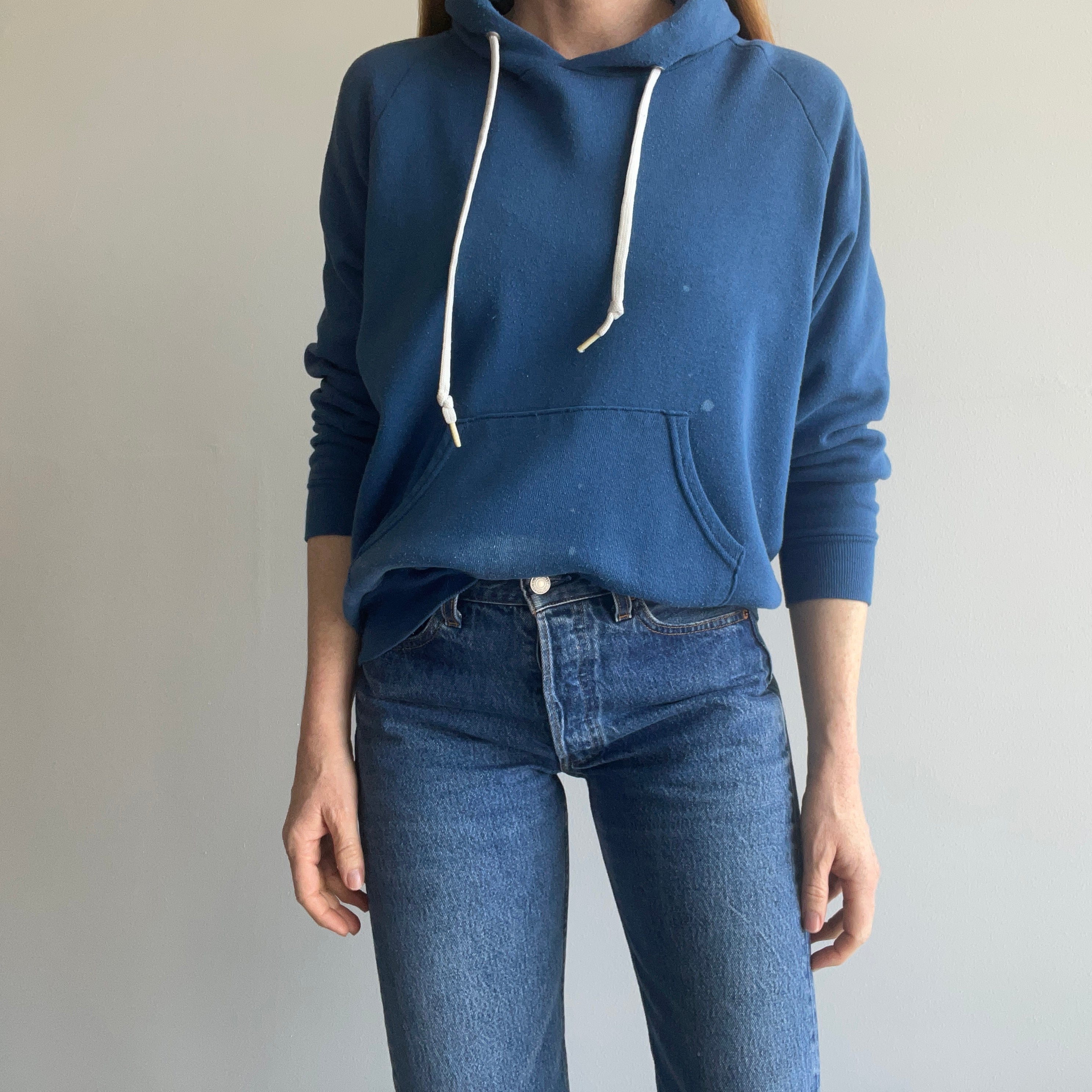 1980s Soft, Thin and Slouchy Bleach Stained Blue Hoodie - !!!!