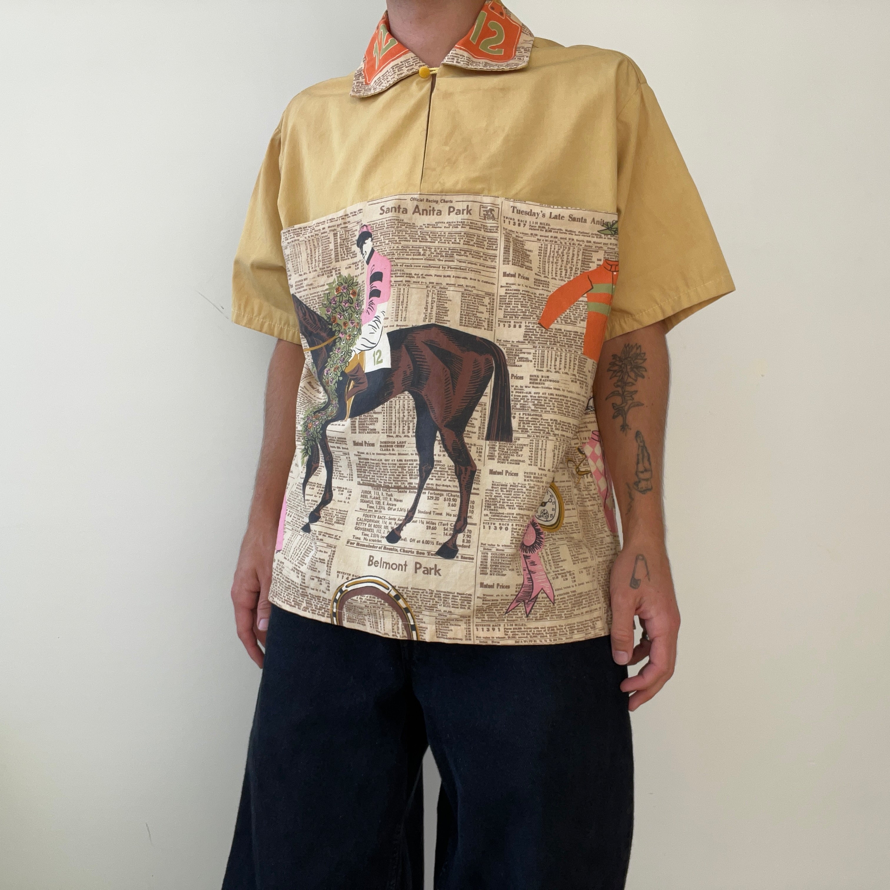 1940s/50s All Over Print Horse Jockey Loop Collar Shirt TINA COLLECTION