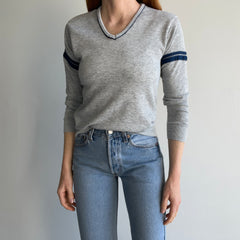 1980s Super Thin Double Stripe V-Neck Sweatshirt