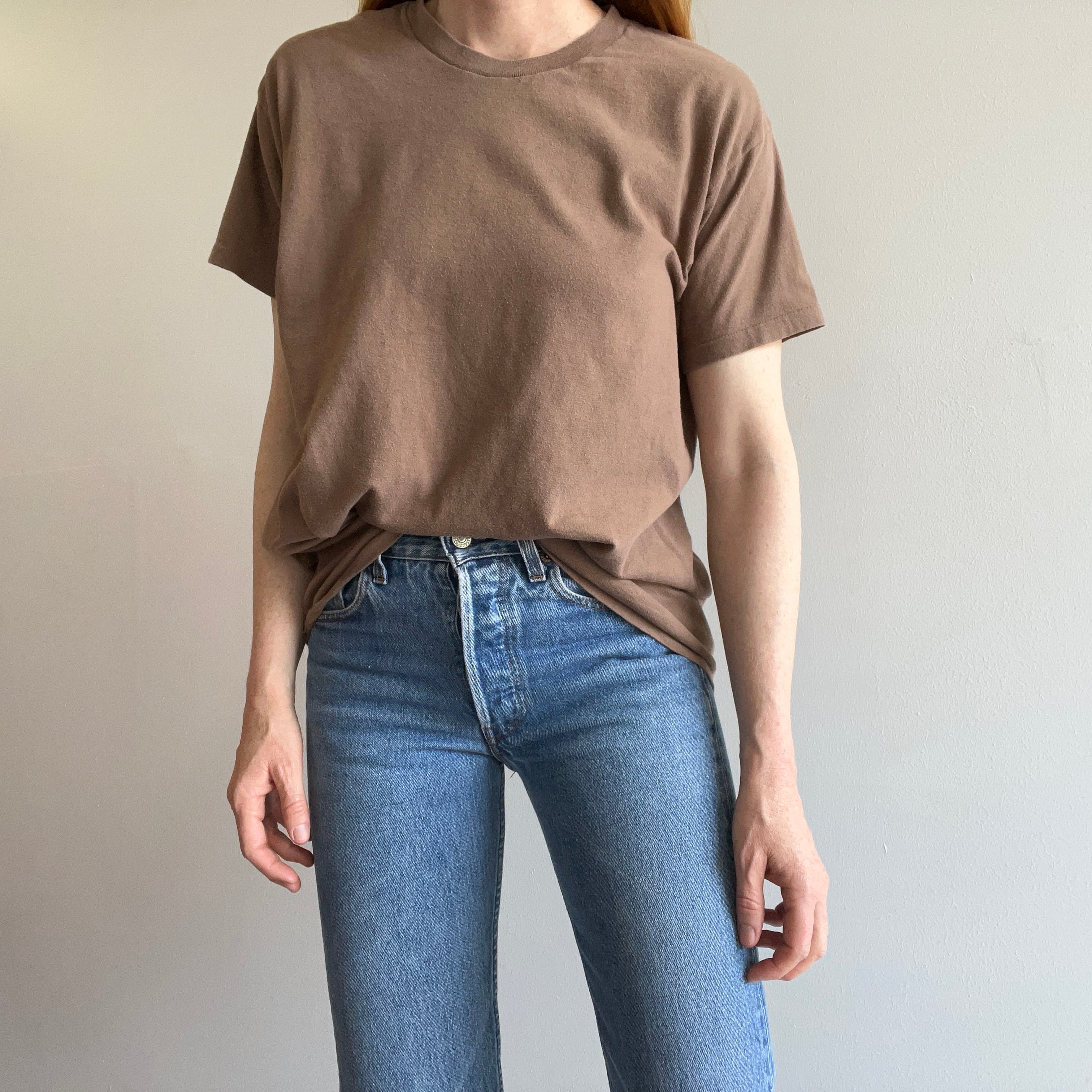 1980s Blank Flat White Coffee Colored T-Shirt