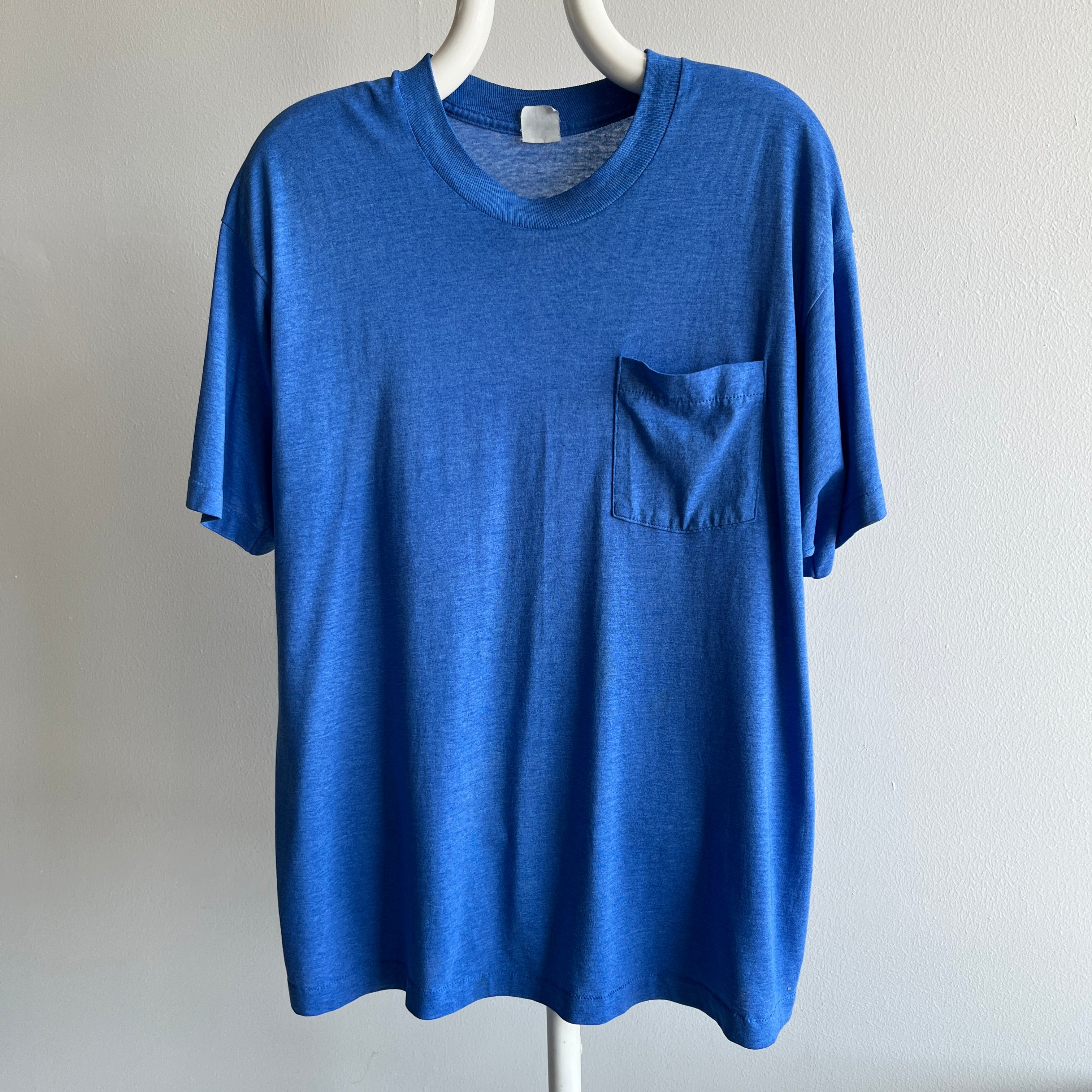 1980s Soft, Thin, Worn Beyond 50/50 Blue Pocket T-Shirt - !!!!!!!!!!