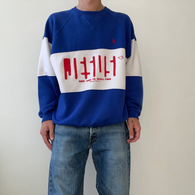 1990s "Seek And Ye Shall Find" Blue and White Sweatshirt - Jesus