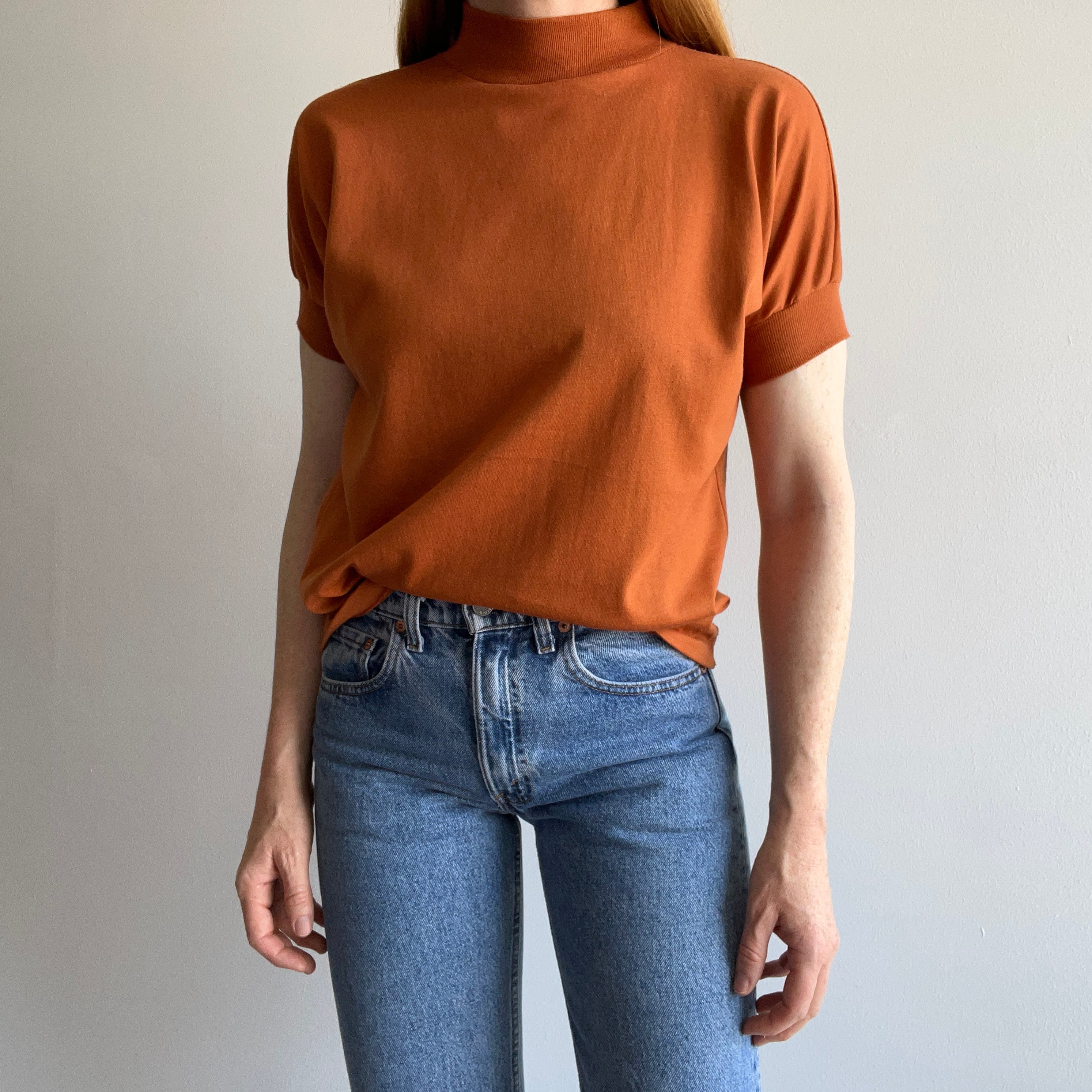 1980s Dolman Sleeve Rusty Mock Neck Short Sleeve T-Shirt