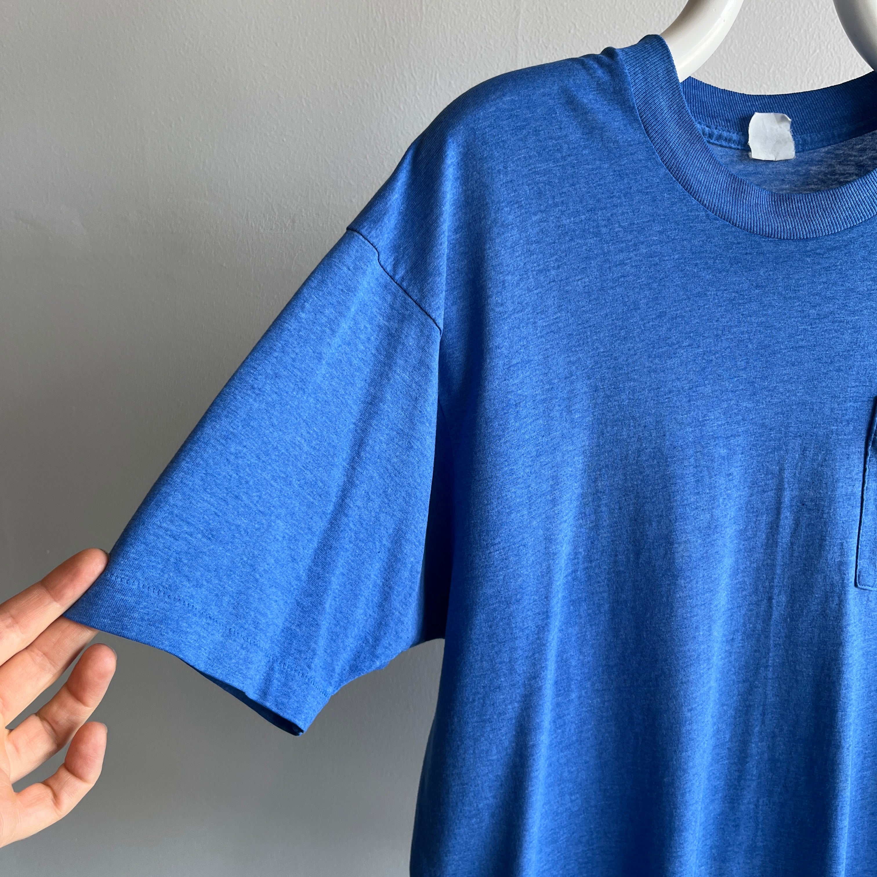 1980s Soft, Thin, Worn Beyond 50/50 Blue Pocket T-Shirt - !!!!!!!!!!