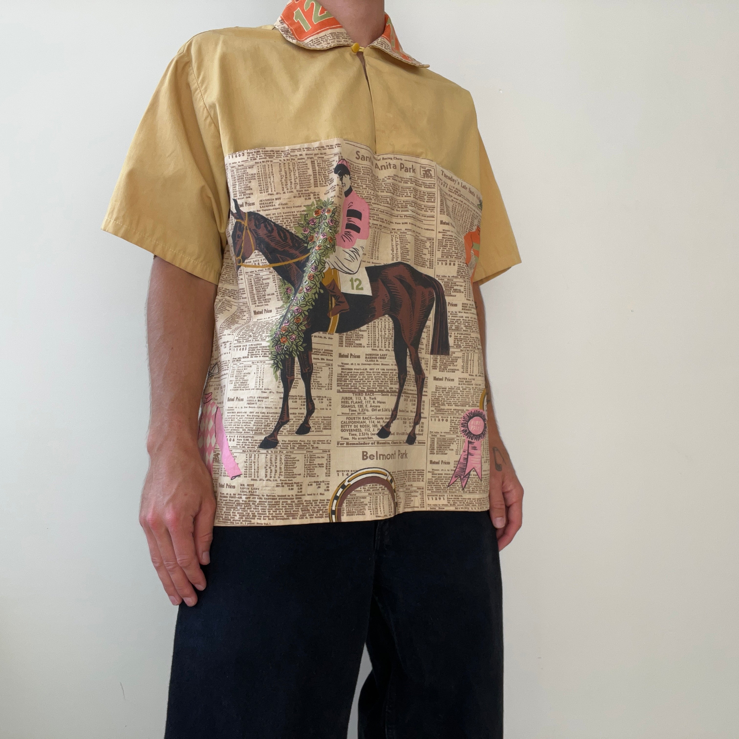 1940s/50s All Over Print Horse Jockey Loop Collar Shirt TINA COLLECTION