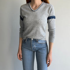 1980s Super Thin Double Stripe V-Neck Sweatshirt