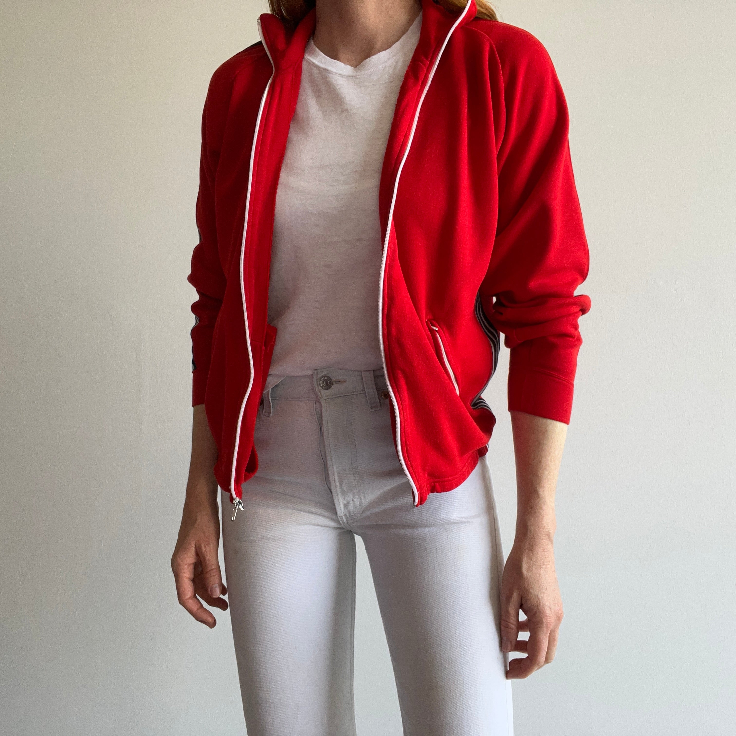 1970s Red Side Striped Zip Up Sweatshirt/Tracksuit Jacket