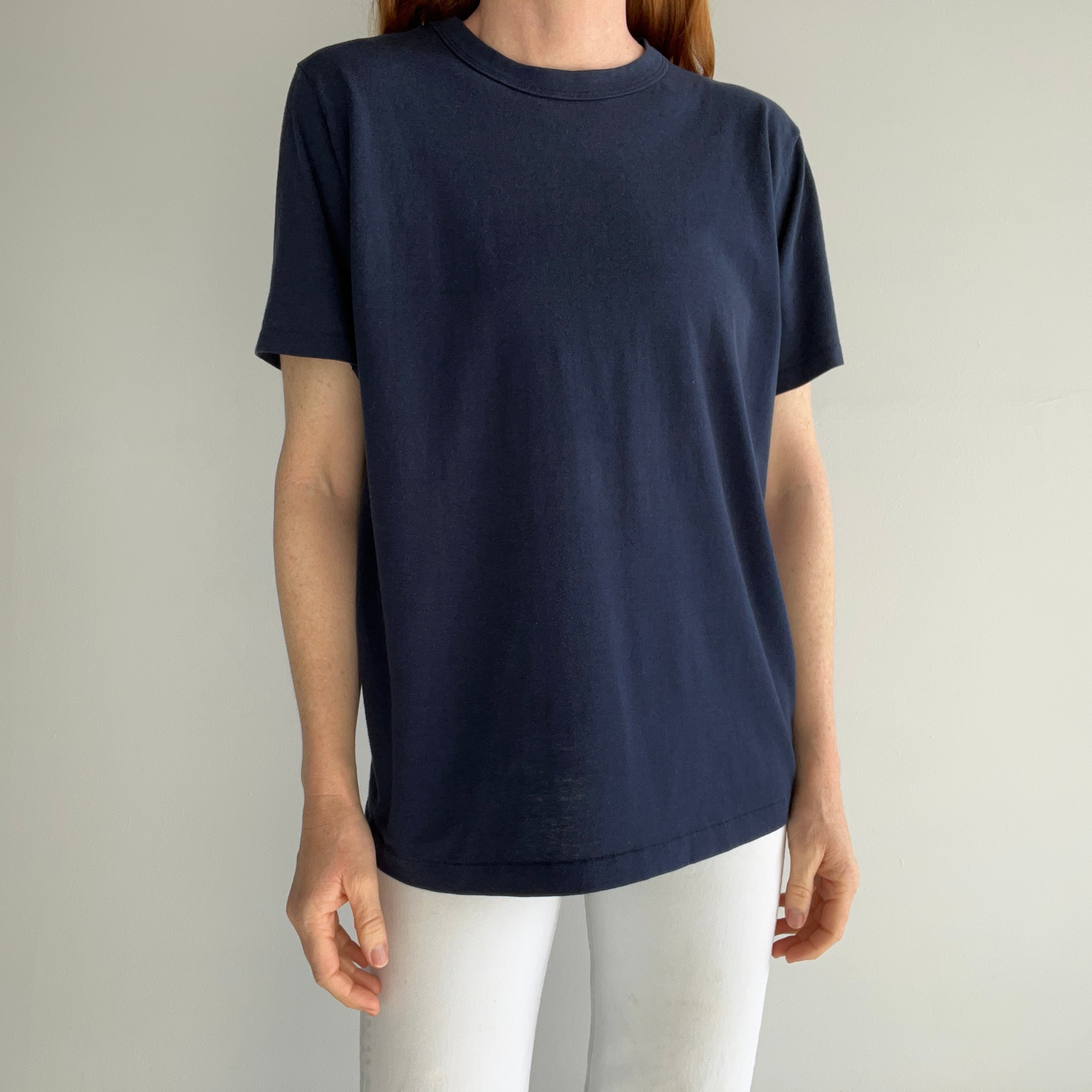 1970s Rolled Neck Blank Navy 50/50 T-Shirt with Side Mending