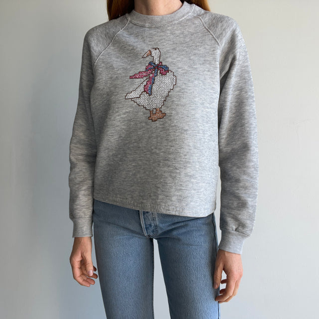 1980s DIY Goose Stitched Sweatshirt with an Interior Lace Hem