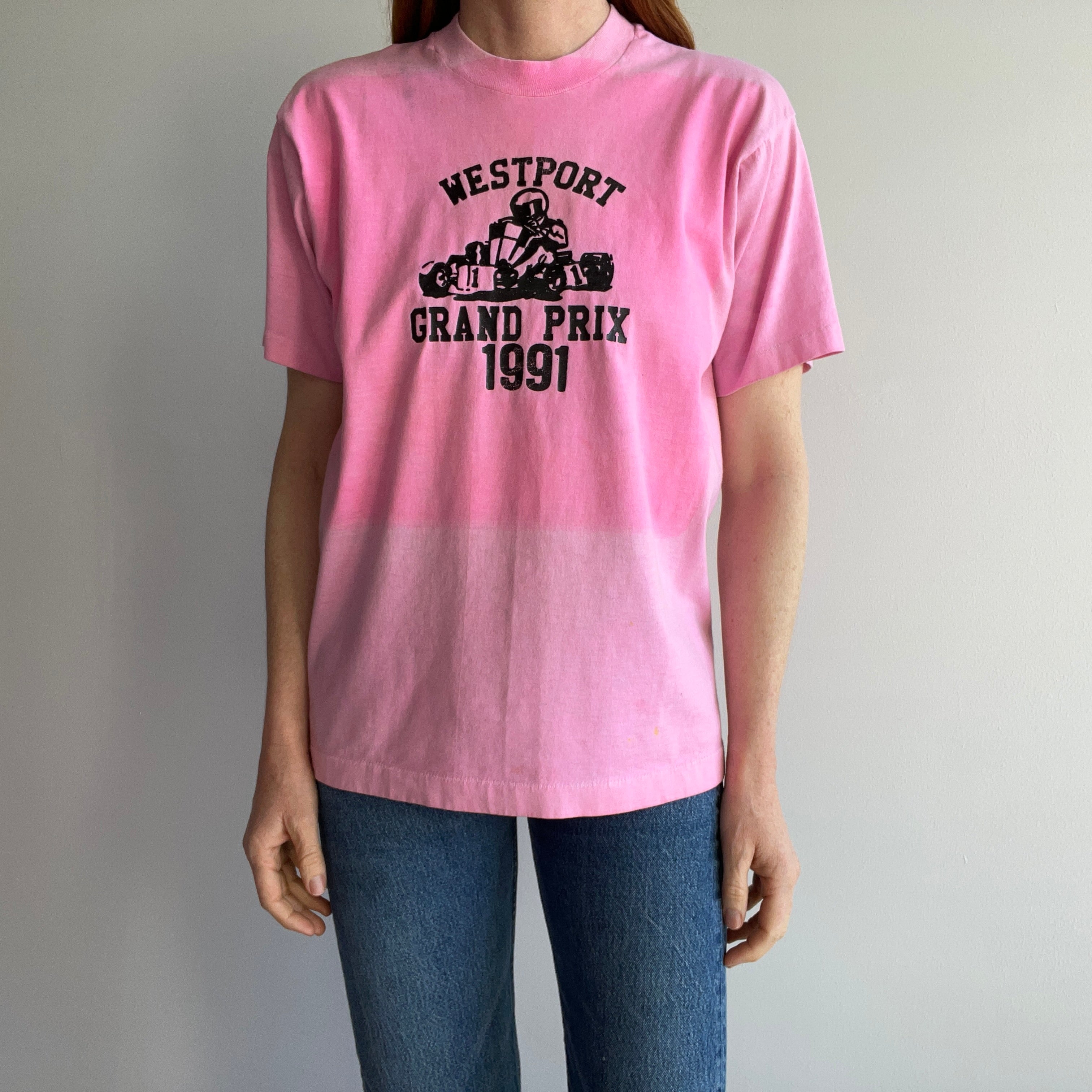 1980s Westport Grand Prix Extreme Sun Fade Cotton T-Shirt - Staining