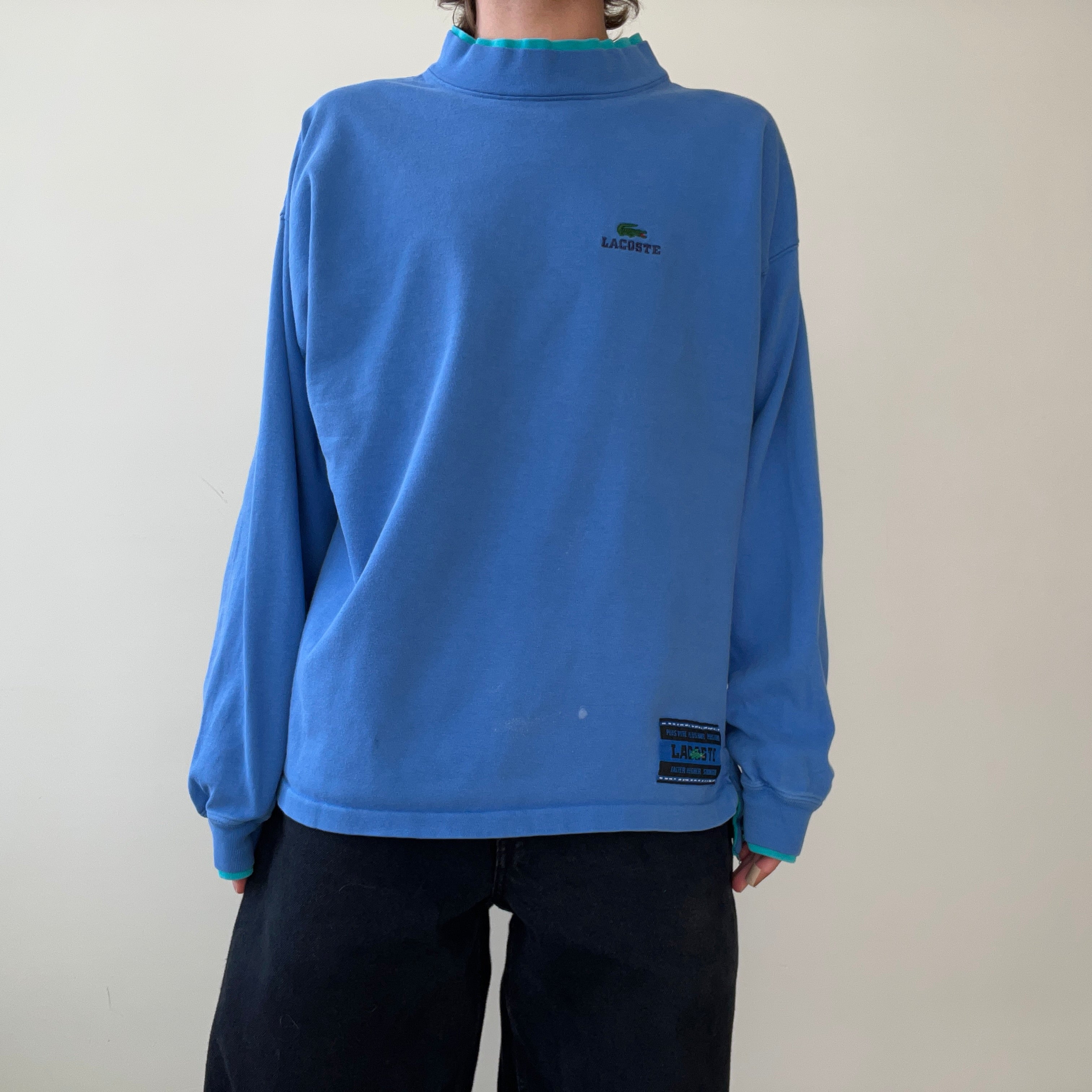 1980s/90s Blank Blue Lacoste Mock Neck Long Sleeve T Shirt