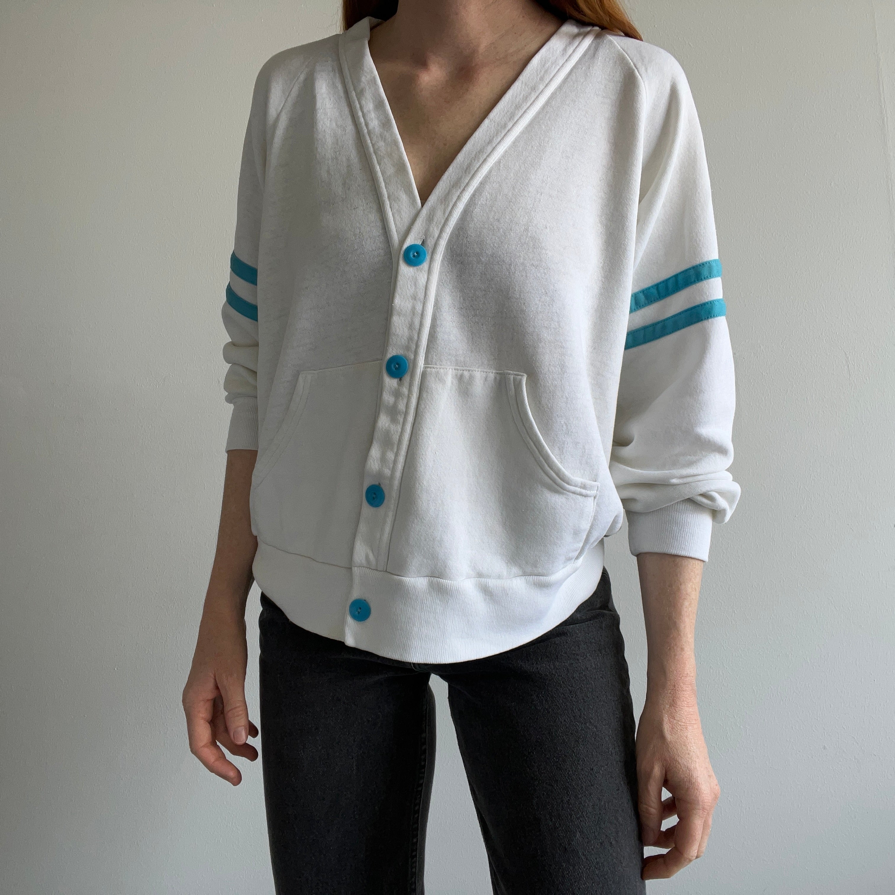 1980s Rad Thinned Out Sweatshirt Cardigan with Lovely Staining