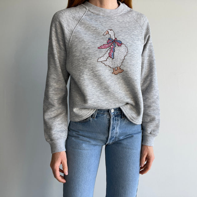 1980s DIY Goose Stitched Sweatshirt with an Interior Lace Hem