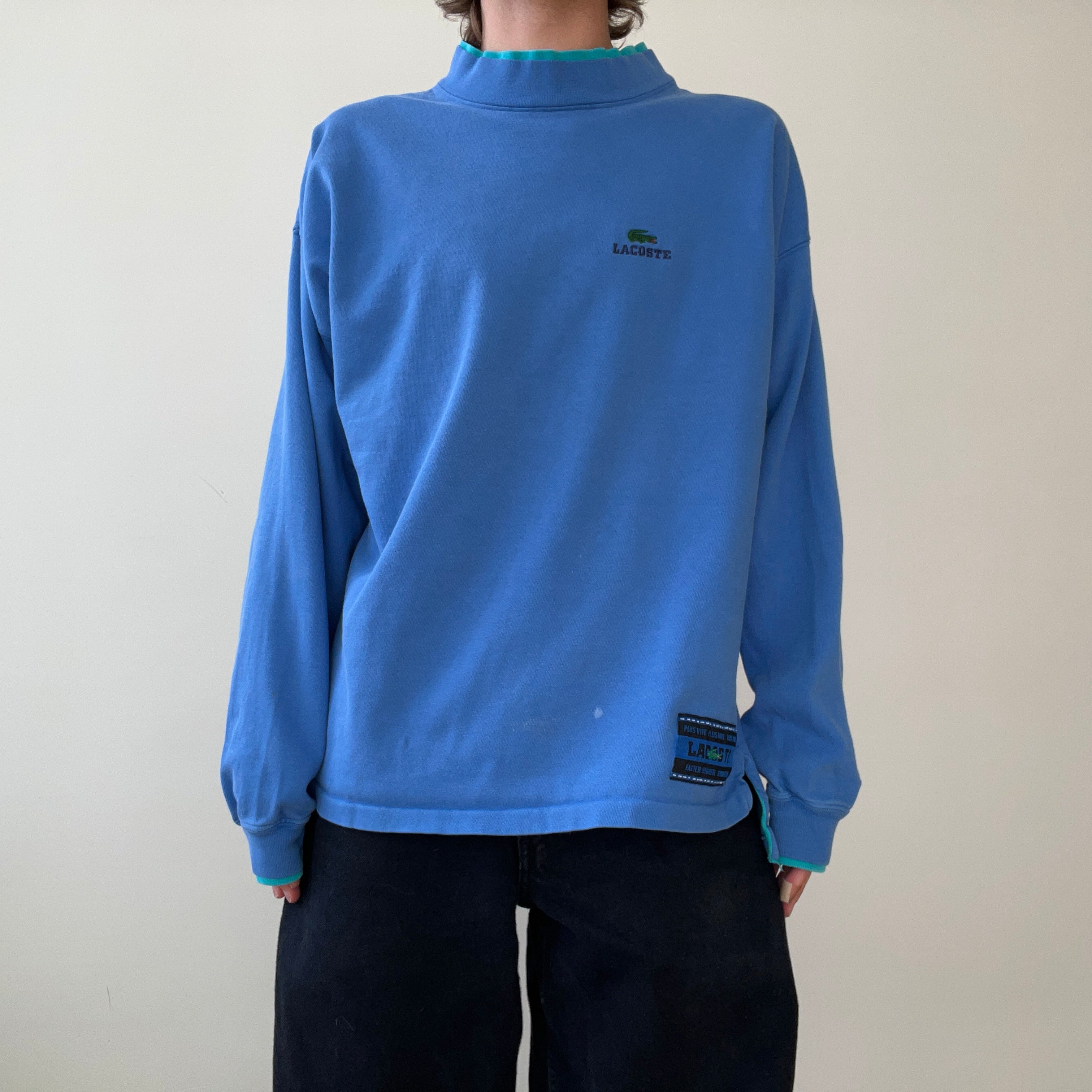 1980s/90s Blank Blue Lacoste Mock Neck Long Sleeve T Shirt