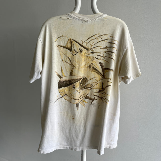 1980s Totally Rotten Thrashed Stained Tattered Torn Thin Worn, Etc. Guy Harvey Fish T-Shirt