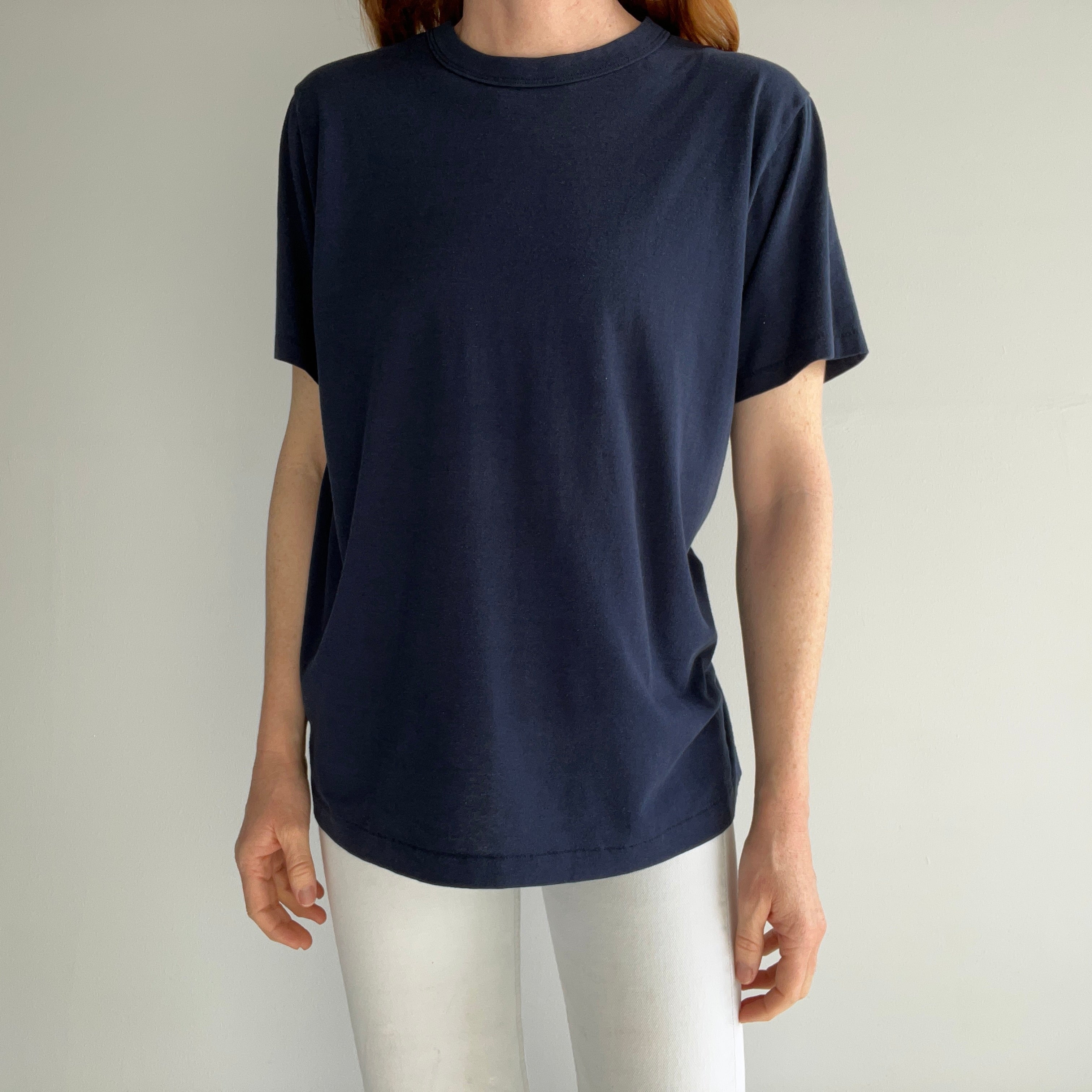 1970s Rolled Neck Blank Navy 50/50 T-Shirt with Side Mending