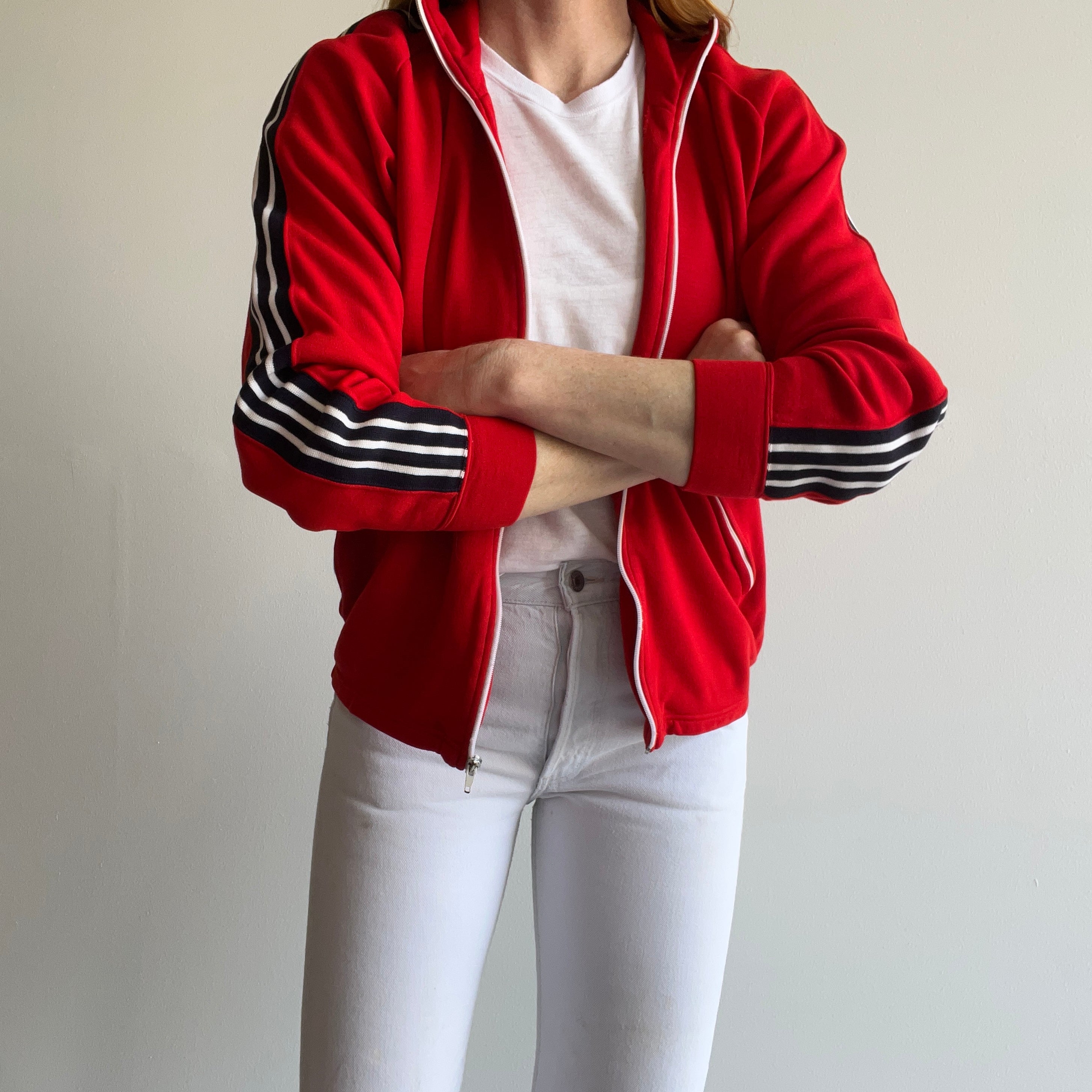 1970s Red Side Striped Zip Up Sweatshirt/Tracksuit Jacket