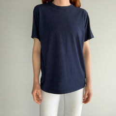 1970s Rolled Neck Blank Navy 50/50 T-Shirt with Side Mending