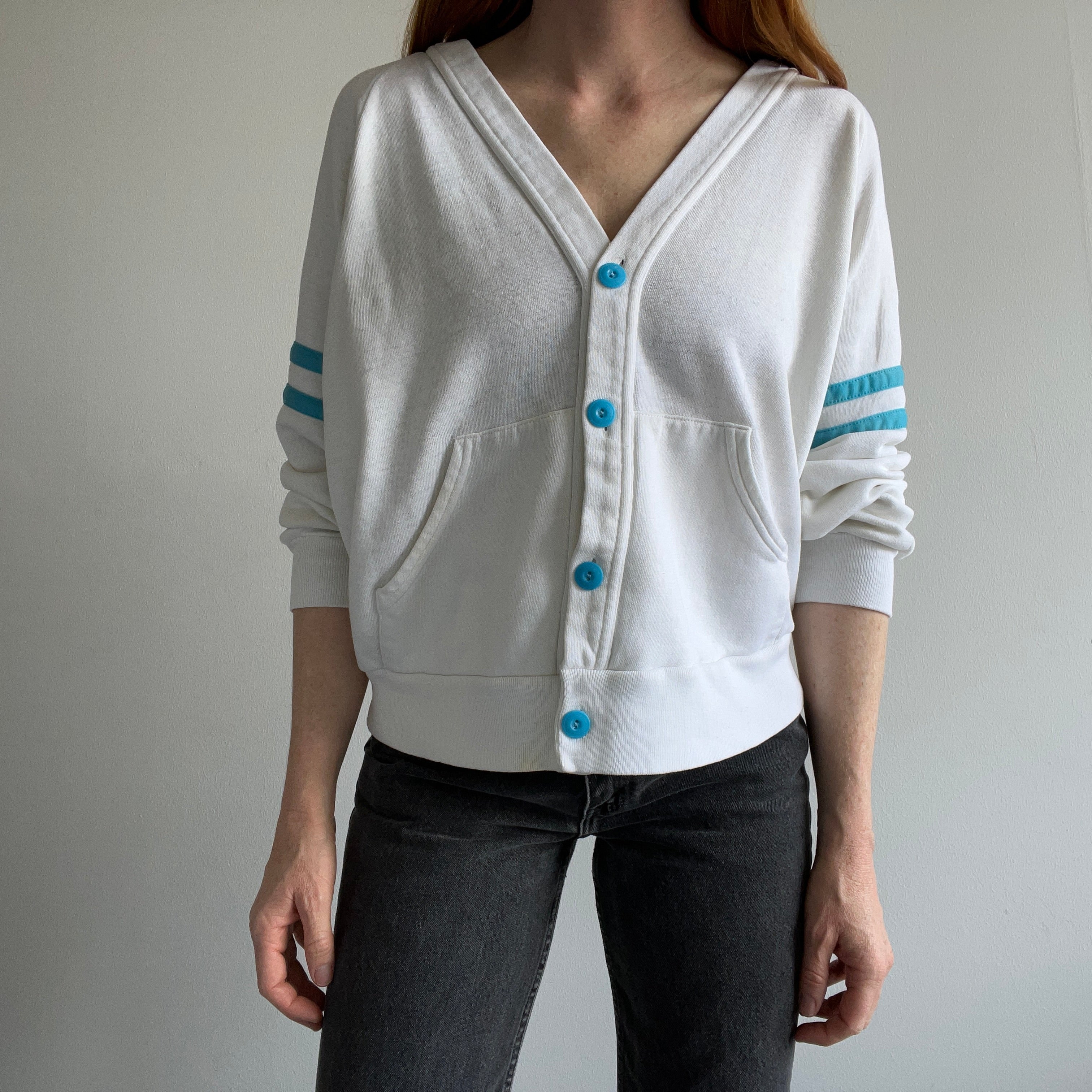 1980s Rad Thinned Out Sweatshirt Cardigan with Lovely Staining