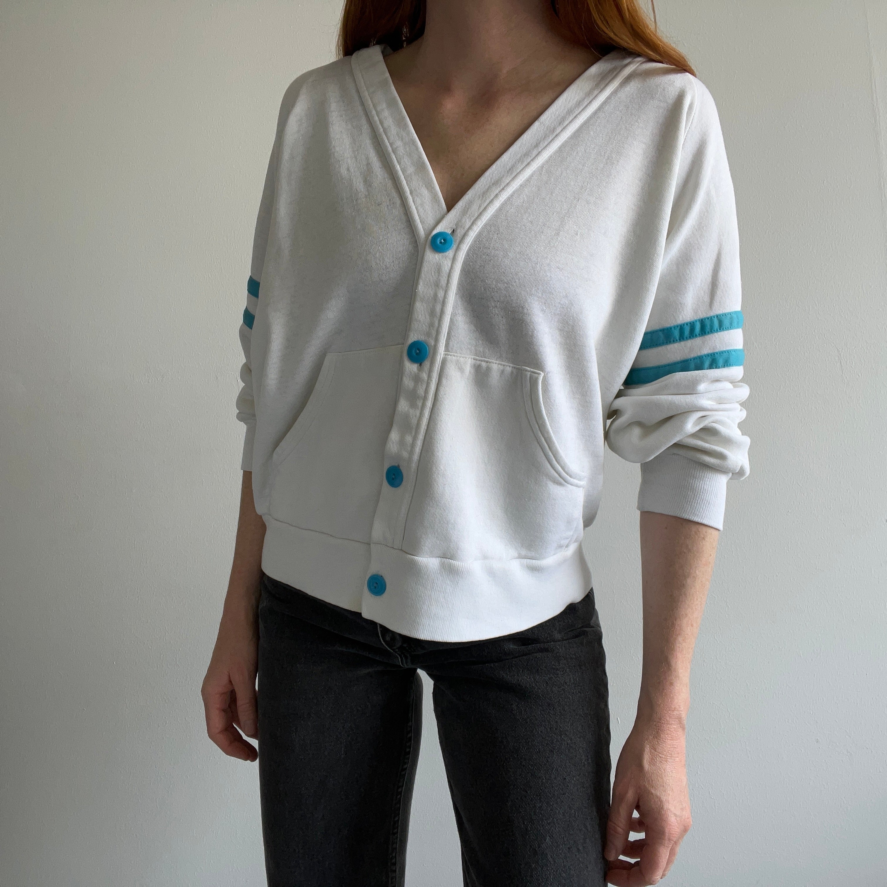 1980s Rad Thinned Out Sweatshirt Cardigan with Lovely Staining