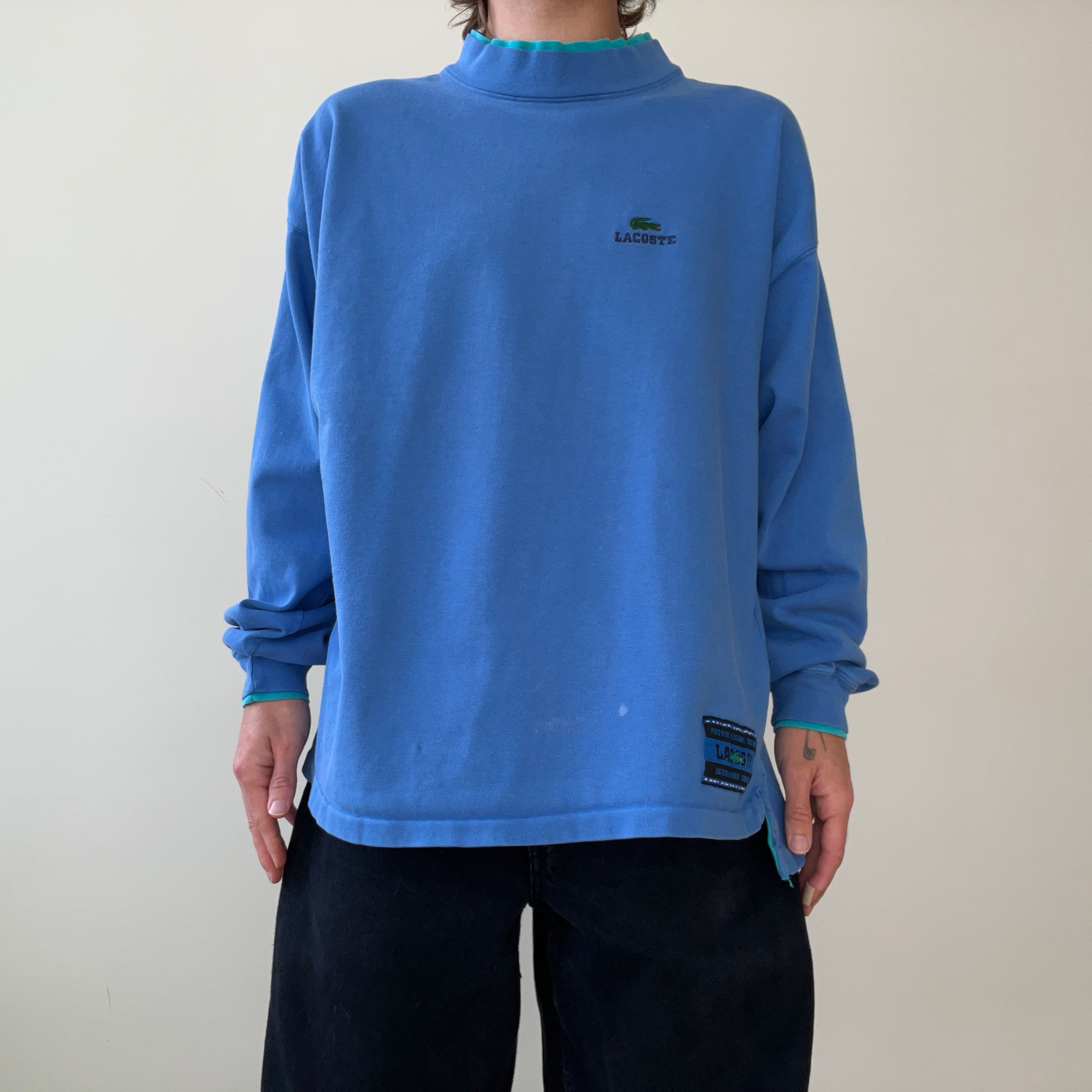 1980s/90s Blank Blue Lacoste Mock Neck Long Sleeve T Shirt