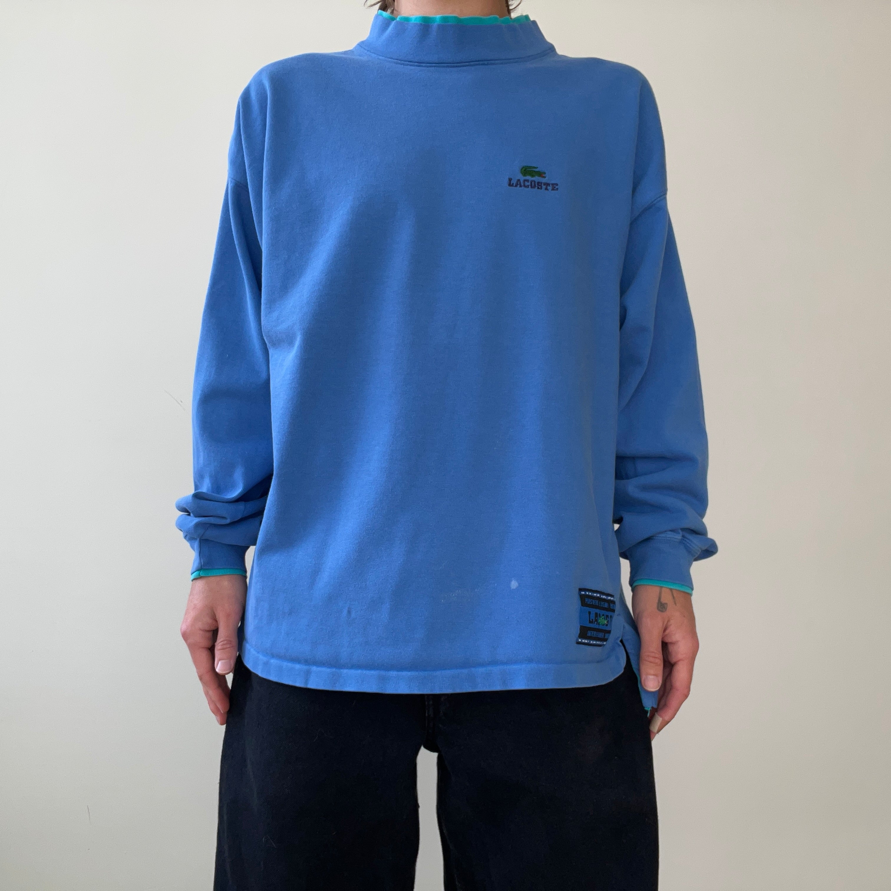 1980s/90s Blank Blue Lacoste Mock Neck Long Sleeve T Shirt