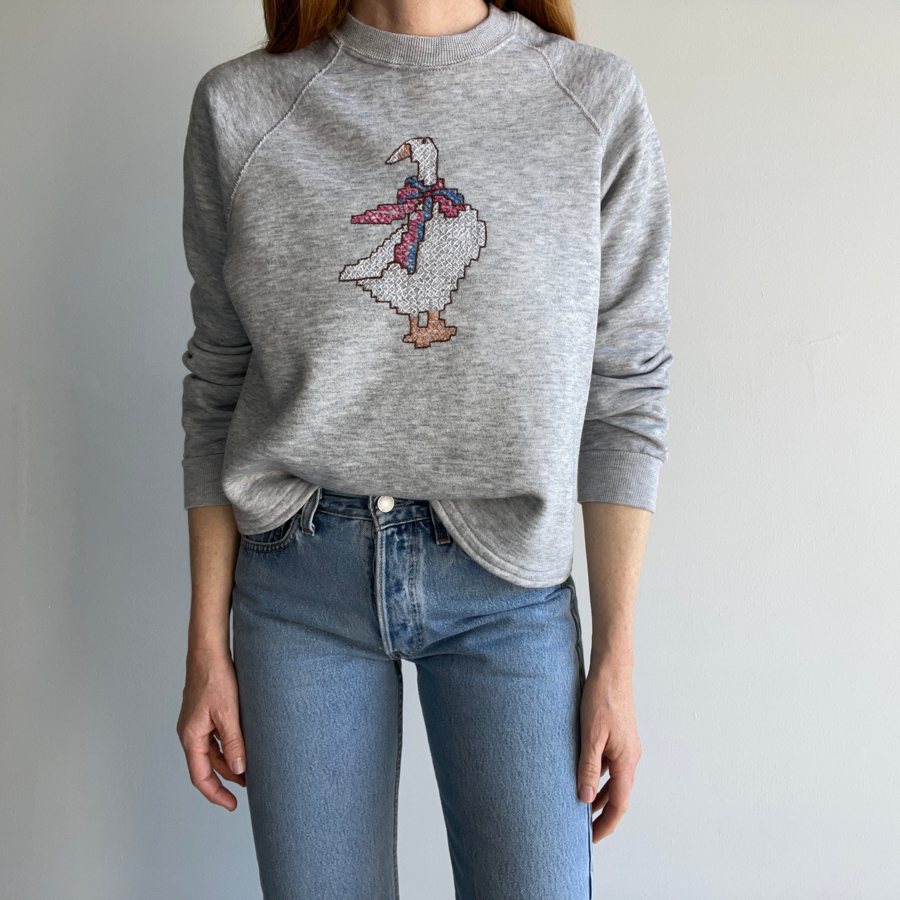 1980s DIY Goose Stitched Sweatshirt with an Interior Lace Hem