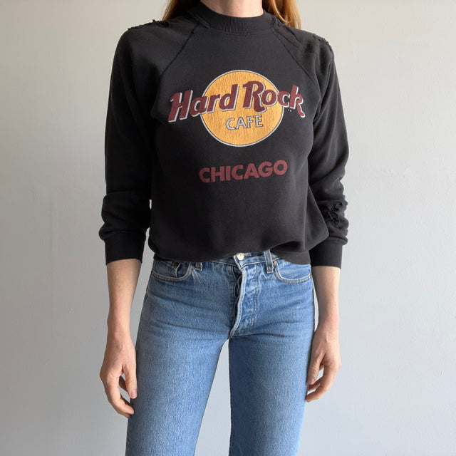 1980s Destroyed Beyond + Mended Hard Rock Cafe Chicago Sweatshirt