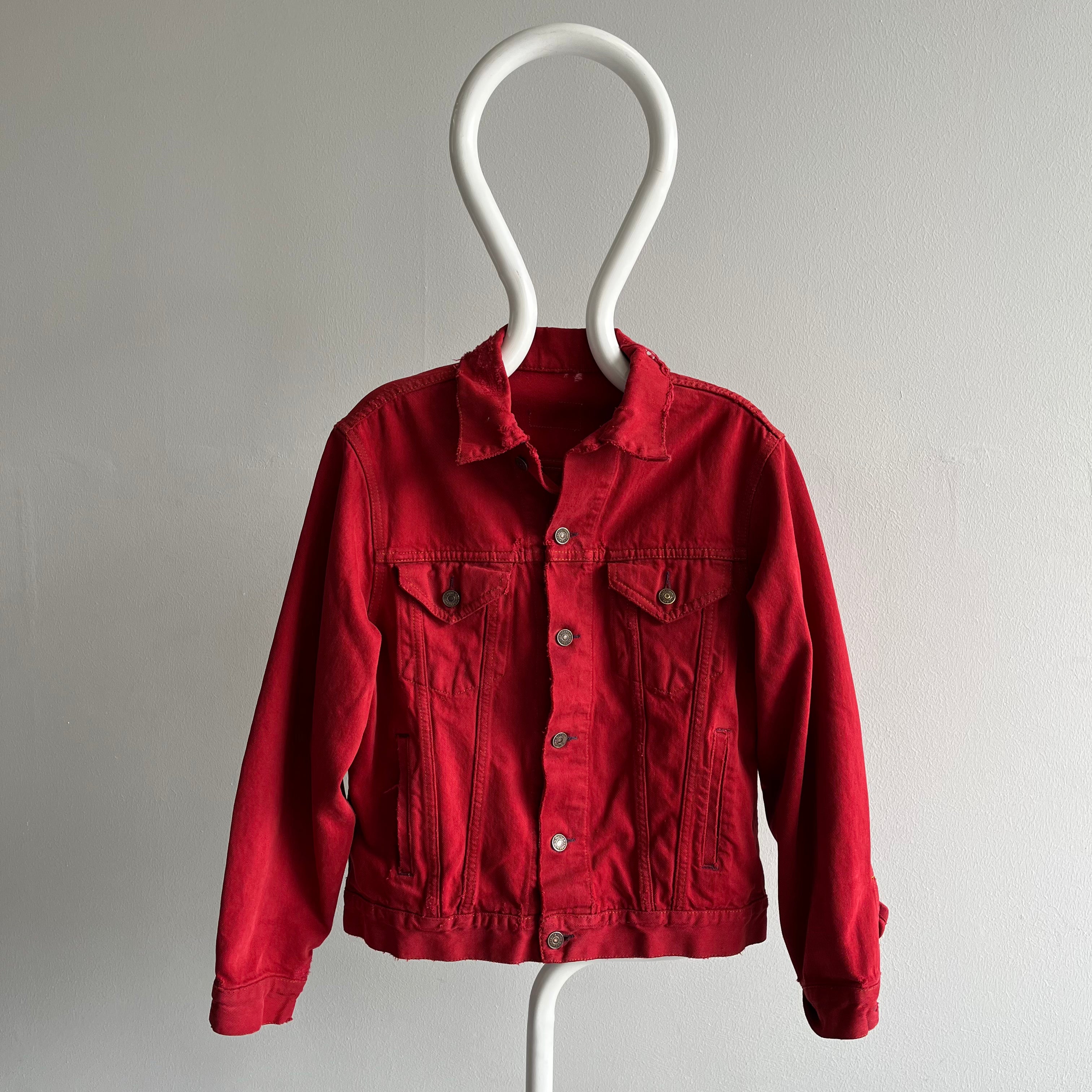 1990s Thrashed, Mended Re Dyed Red Gap Denim Jean Jacket