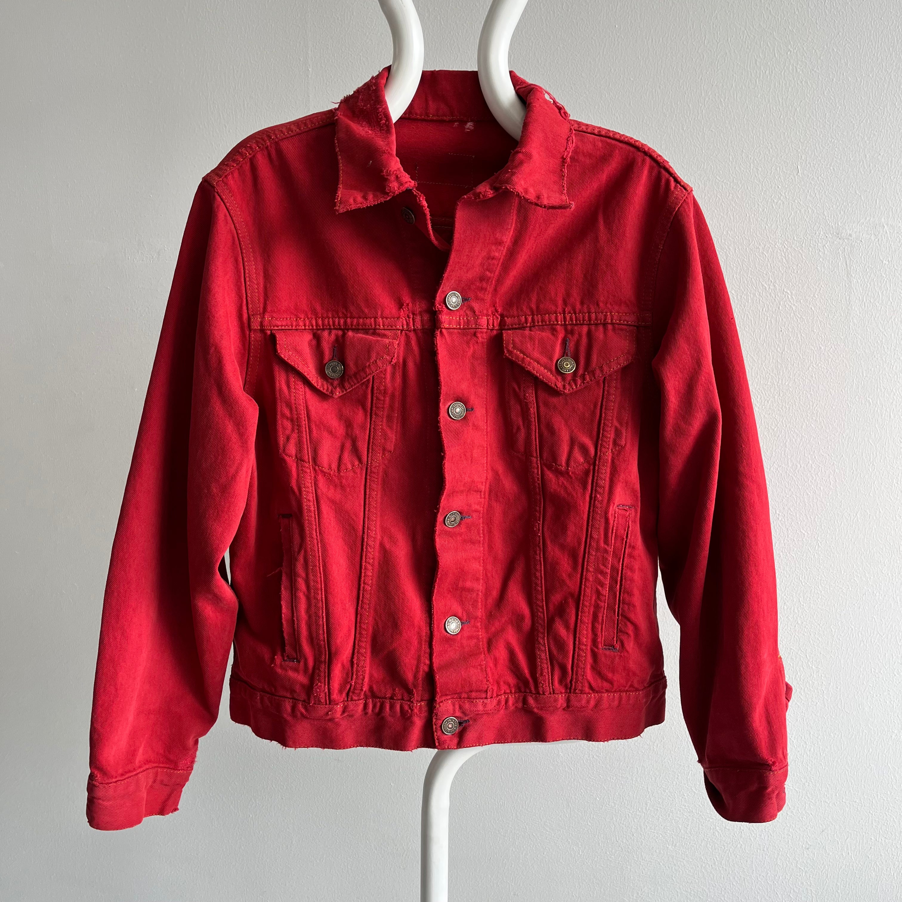 1990s Thrashed, Mended Re Dyed Red Gap Denim Jean Jacket