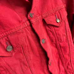 1990s Thrashed, Mended Re Dyed Red Gap Denim Jean Jacket