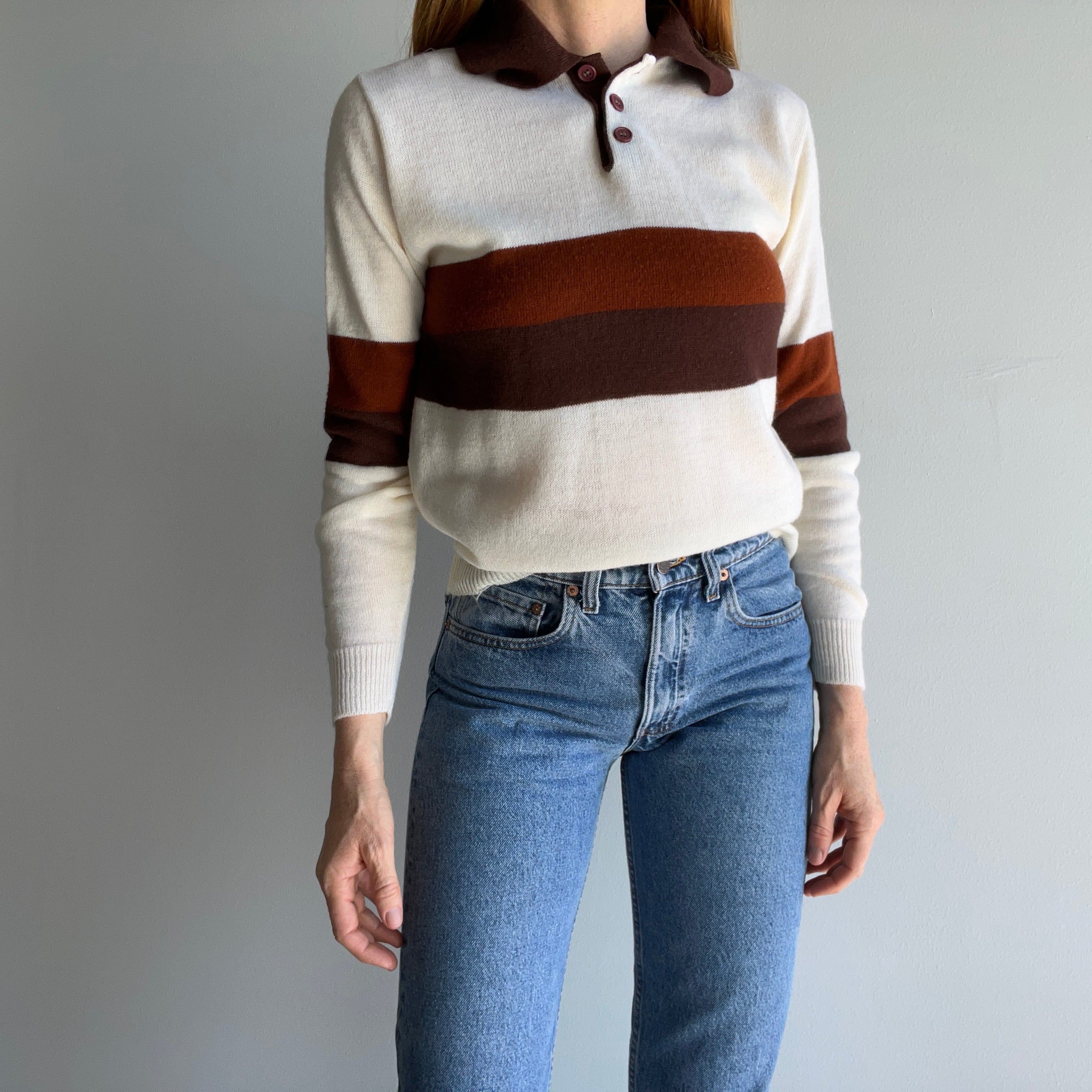 1970s Henley Knit Striped Sweater