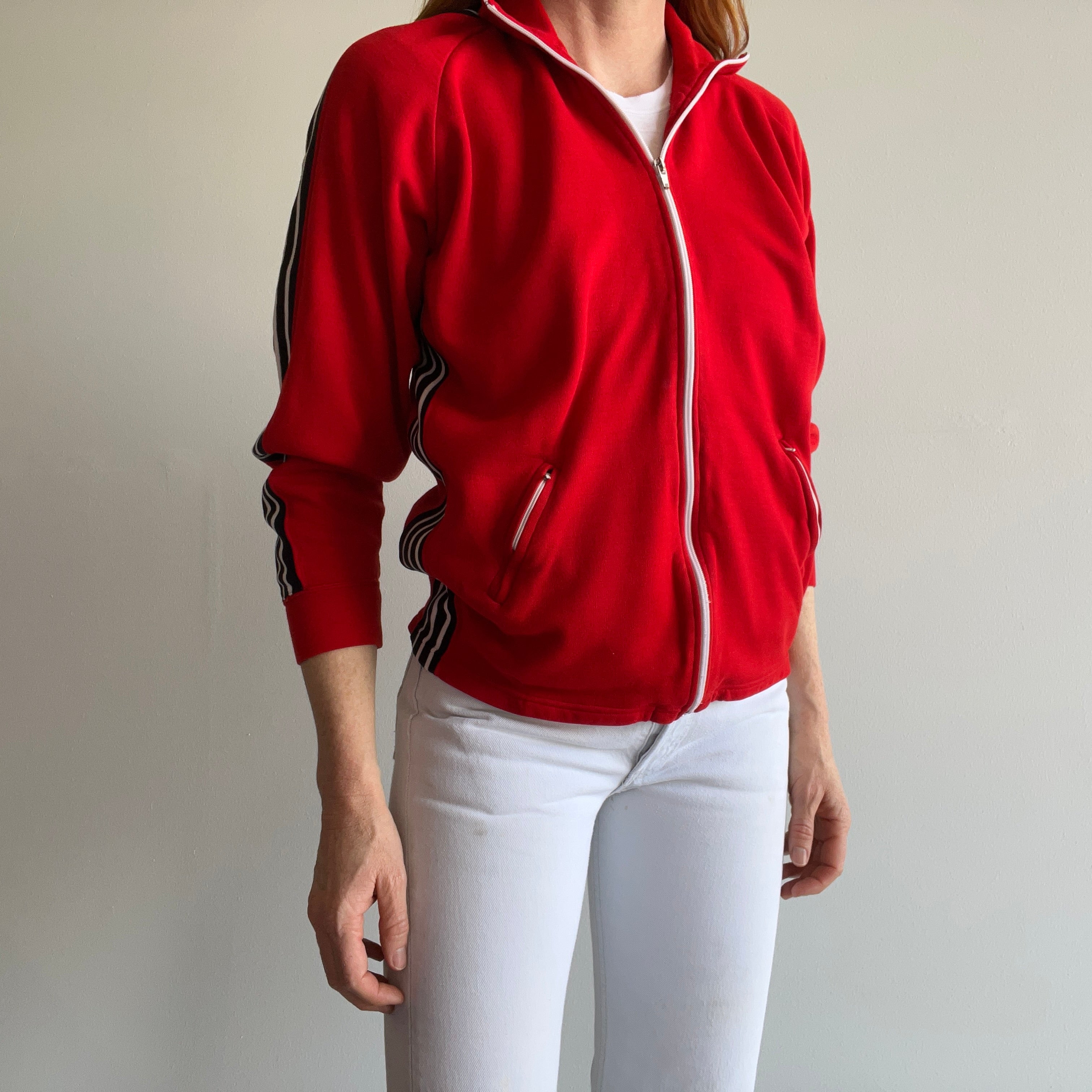 1970s Red Side Striped Zip Up Sweatshirt/Tracksuit Jacket