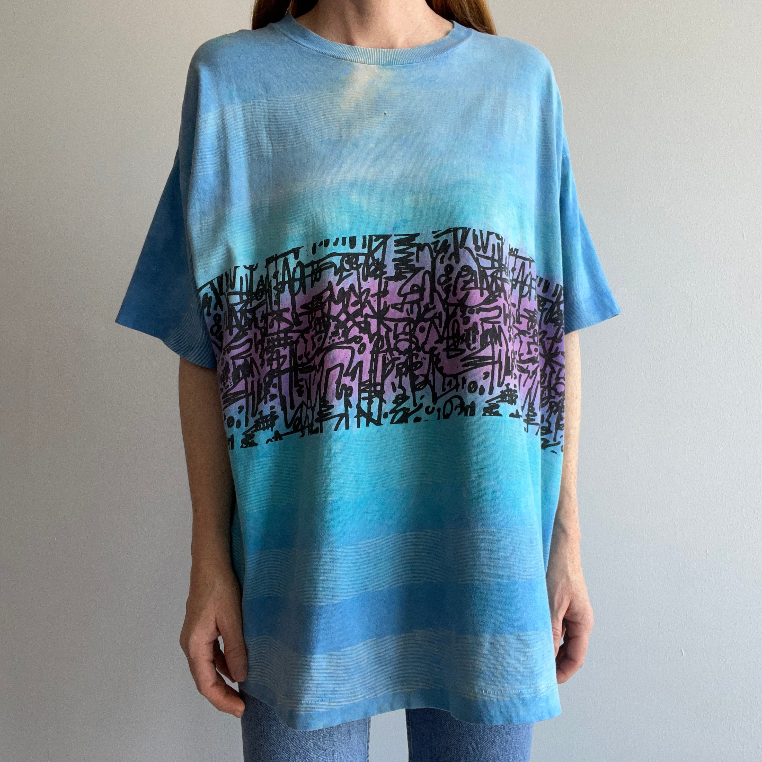 1980s Ocean Blue Patterned Blank T-Shirt