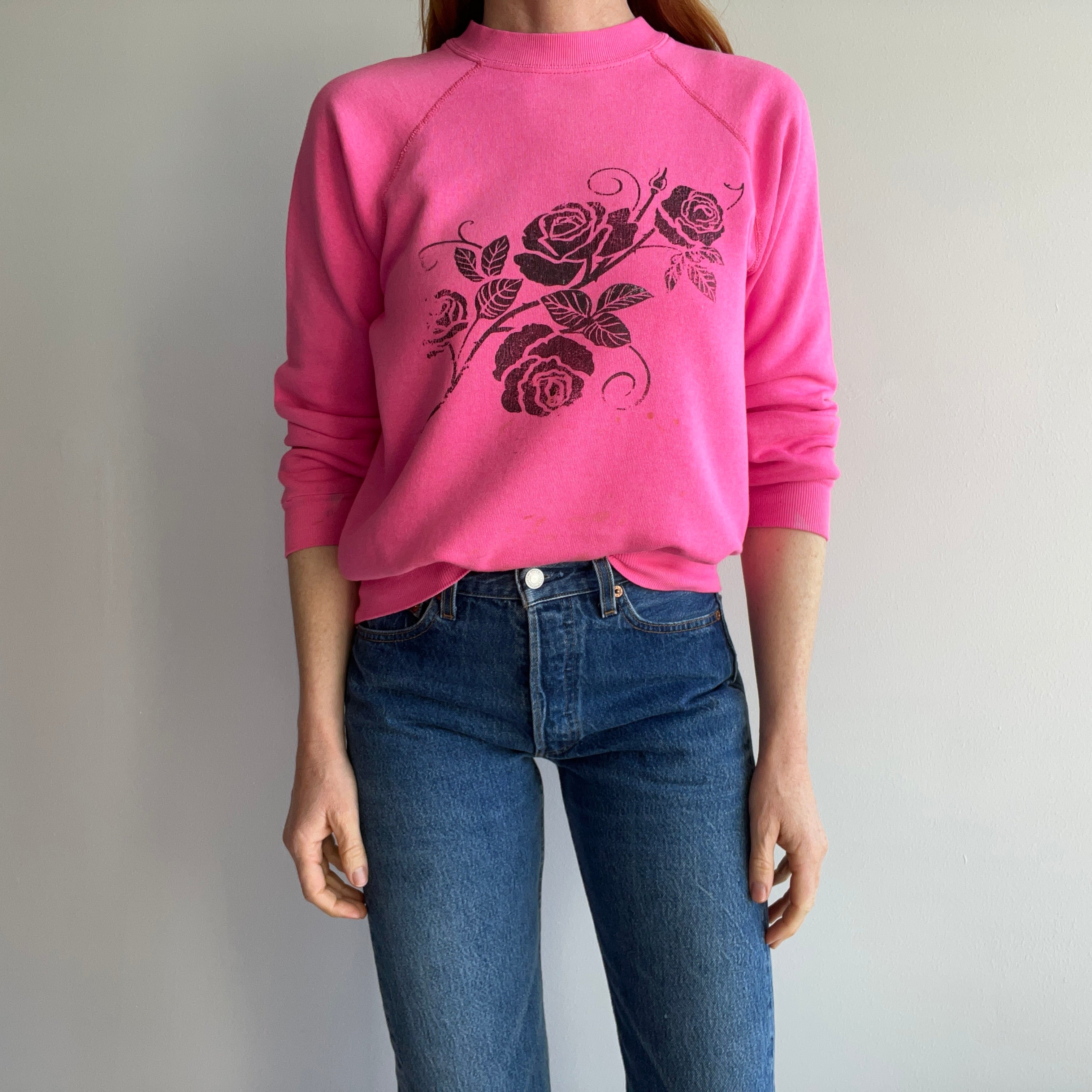 1980s Hot Faded Pink Roses Sweatshirt