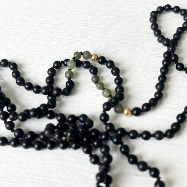 Black Onyx, Jade and 18K Gold Hand Knotted One-Of-A-Kind Beaded Necklace