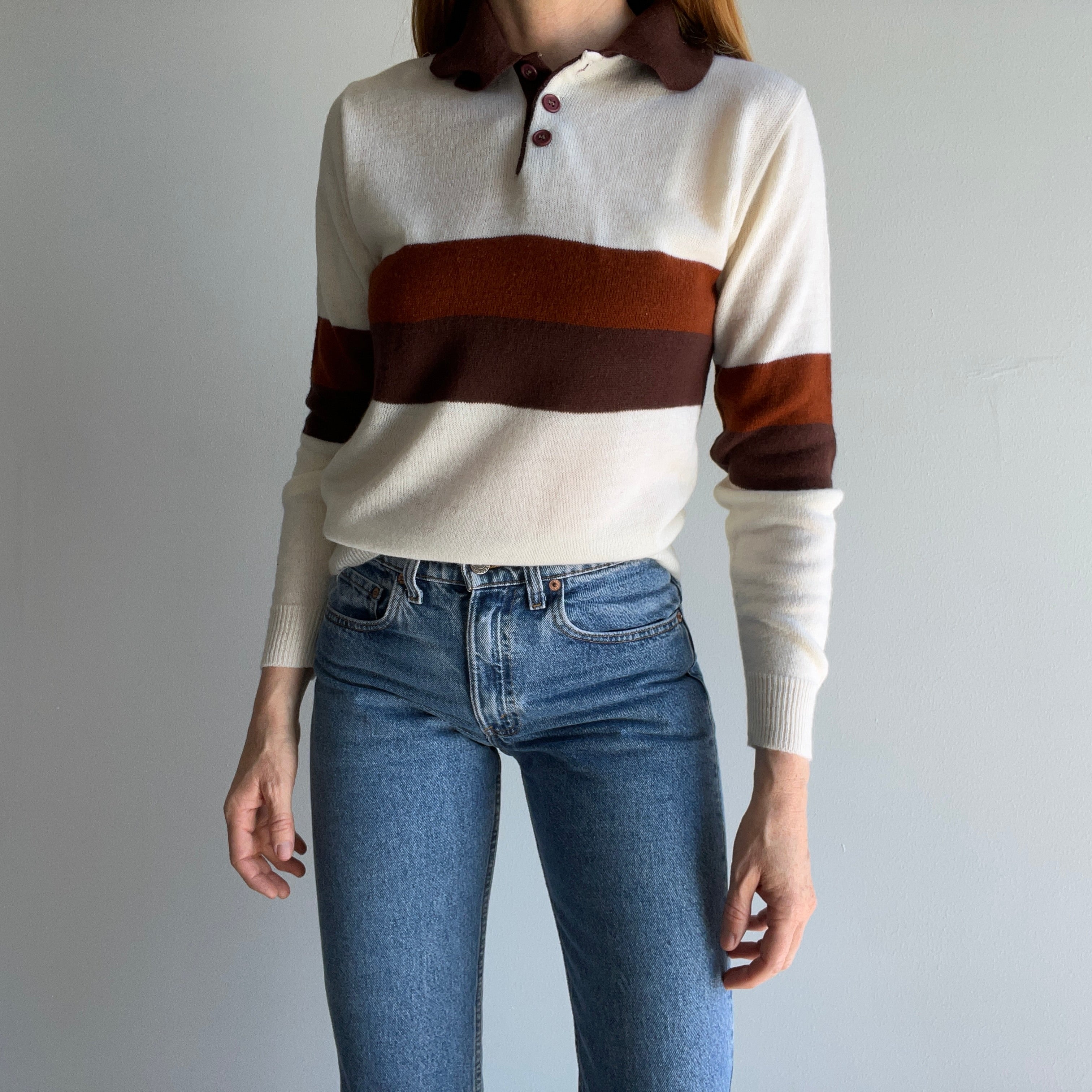 1970s Henley Knit Striped Sweater