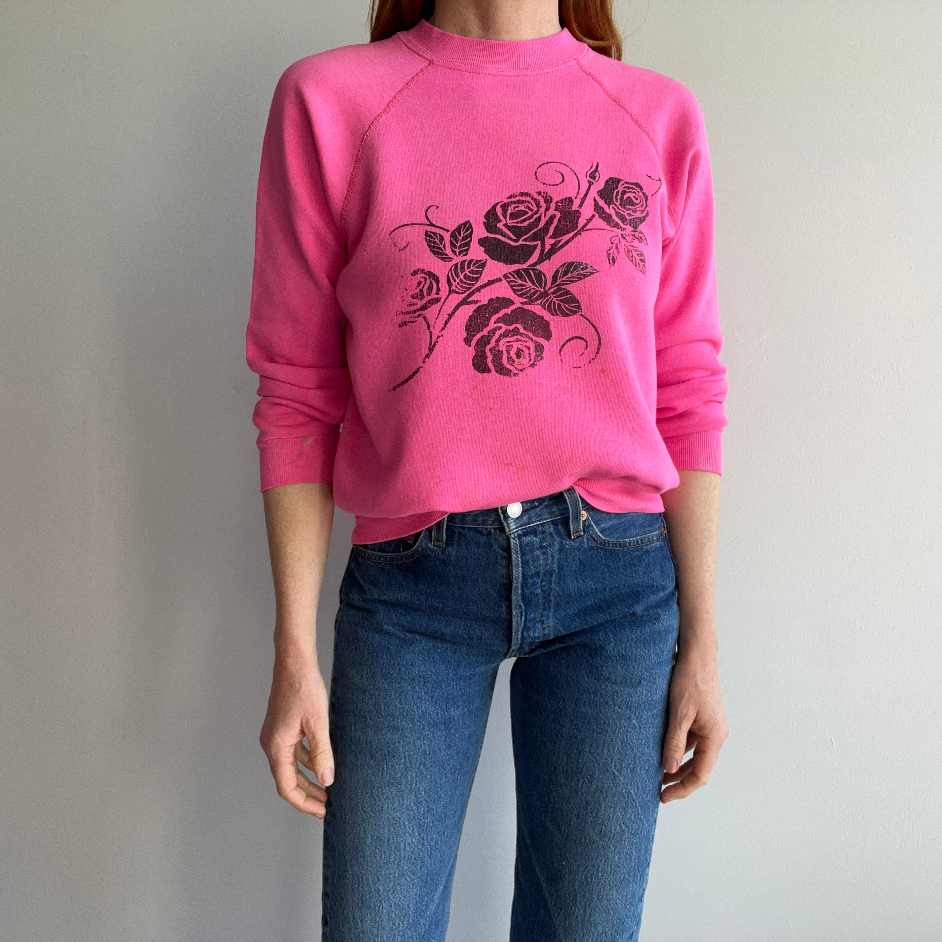 1980s Hot Faded Pink Roses Sweatshirt