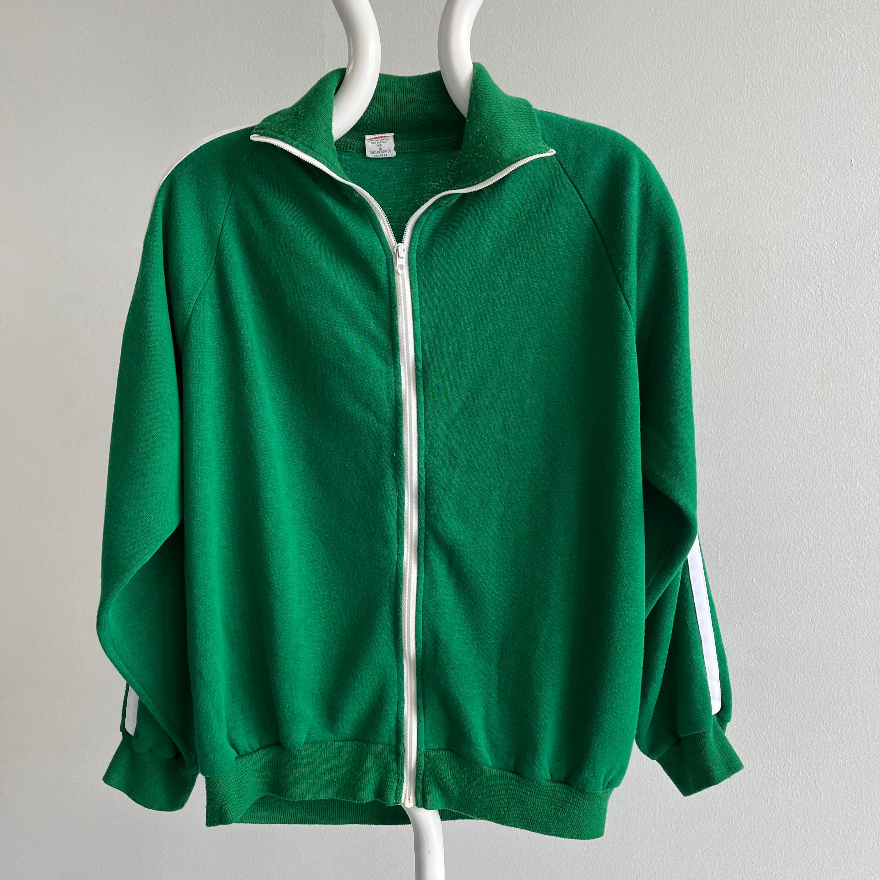 1970s Warm Up Brand Single Stripe Kelly Green Mock Neck Zip Up