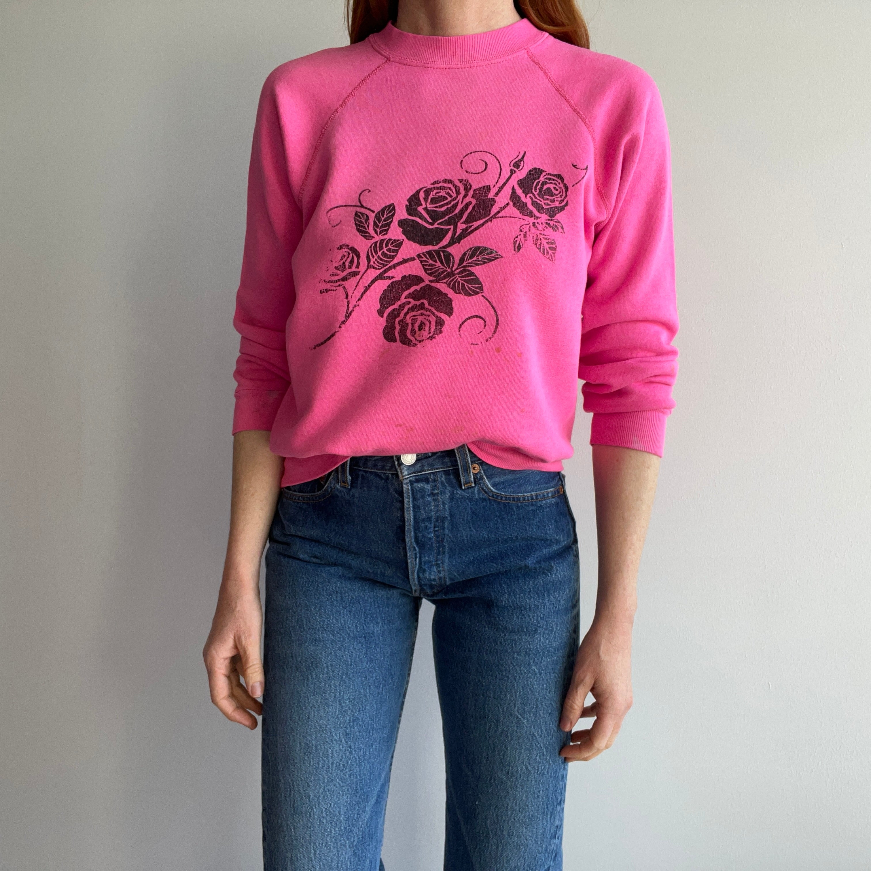 1980s Hot Faded Pink Roses Sweatshirt