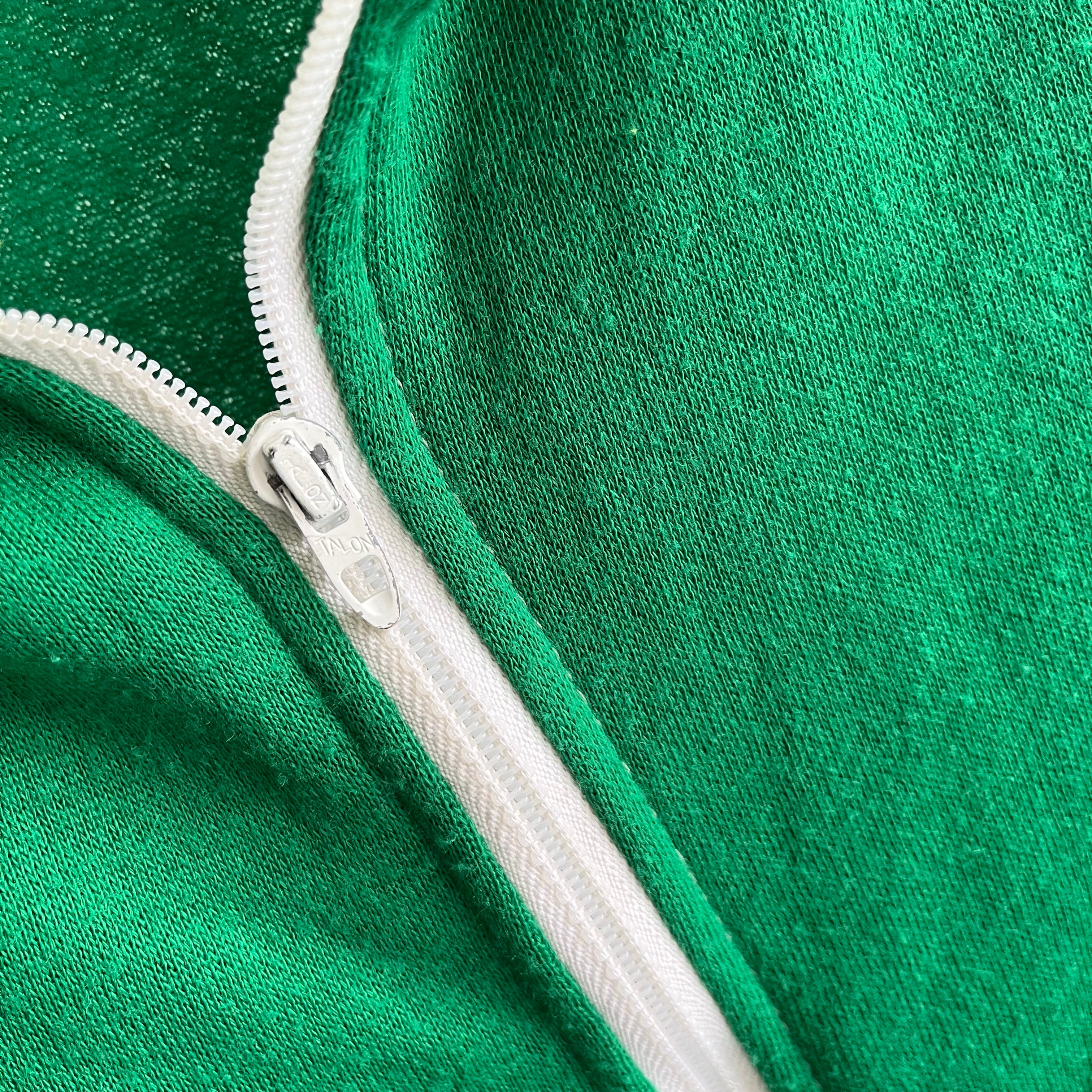 1970s Warm Up Brand Single Stripe Kelly Green Mock Neck Zip Up