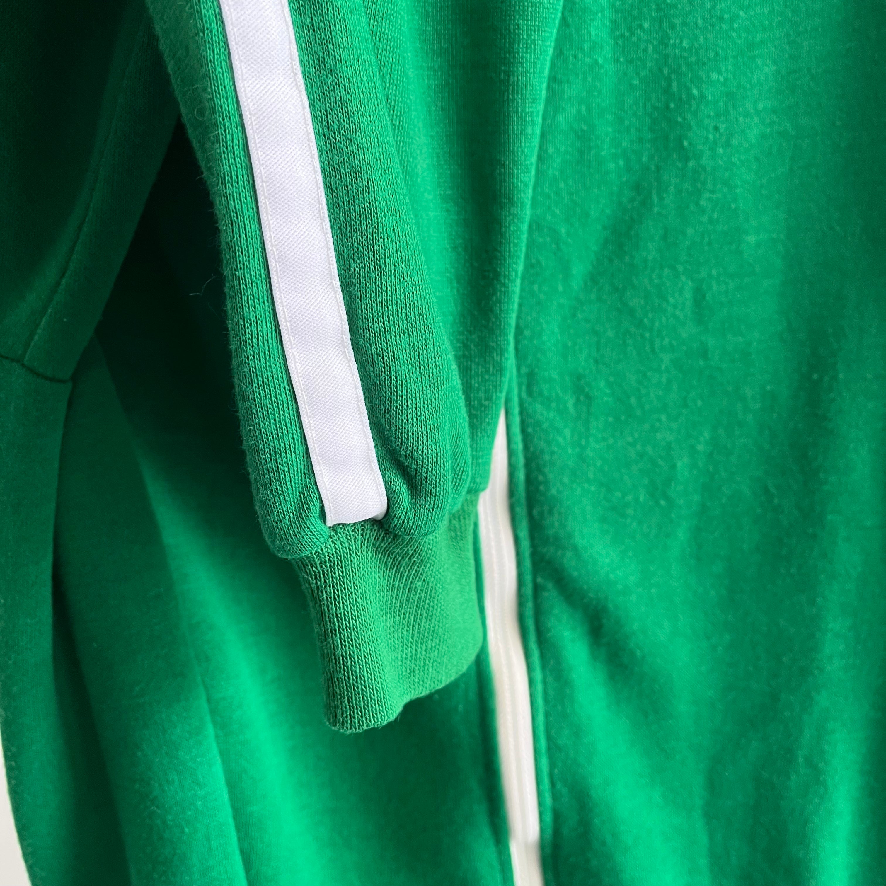 1970s Warm Up Brand Single Stripe Kelly Green Mock Neck Zip Up