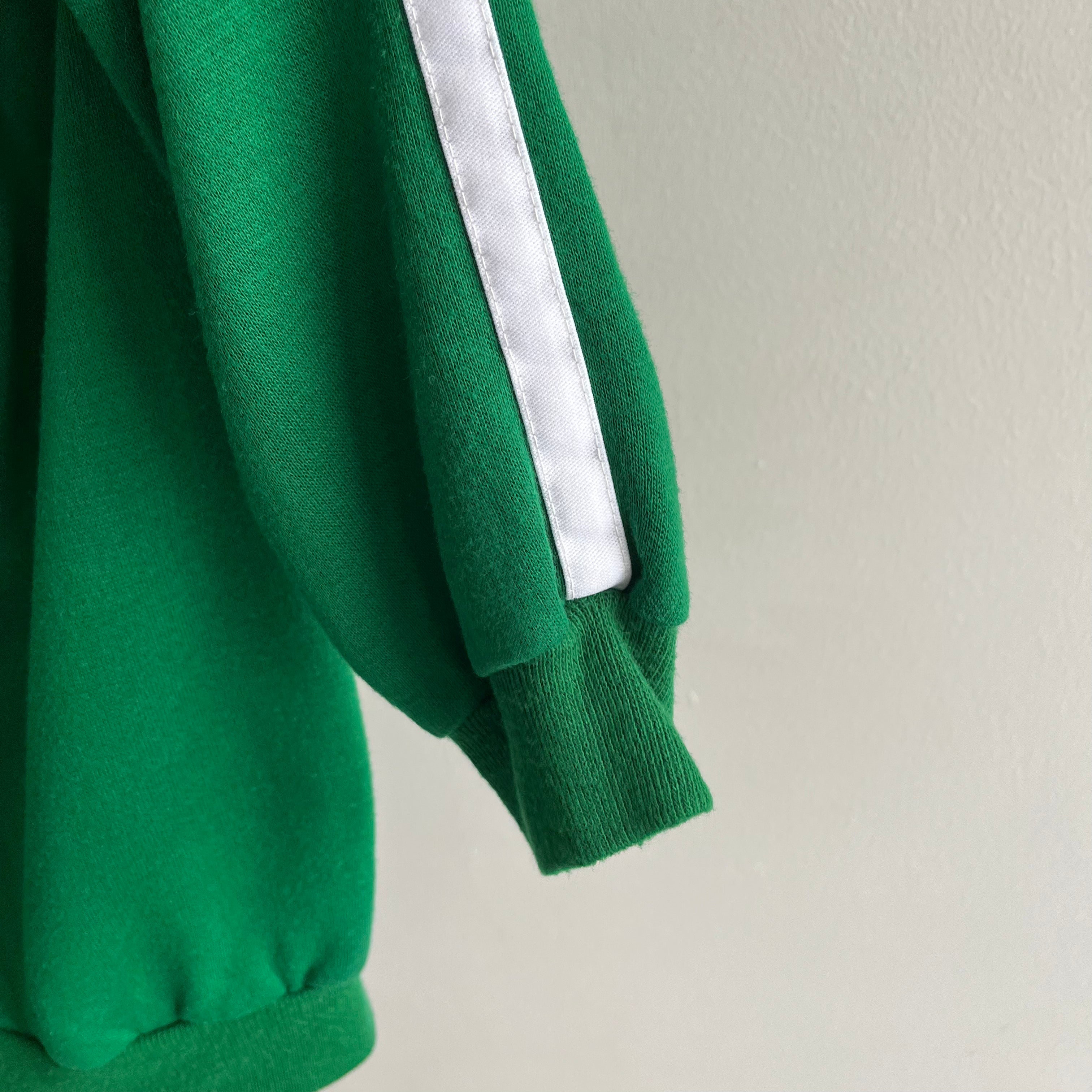 1970s Warm Up Brand Single Stripe Kelly Green Mock Neck Zip Up