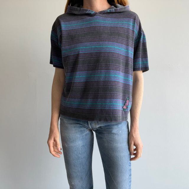 1980s Striped Short Sleeve Hoodie T-Shirt by Quicksilver - YES
