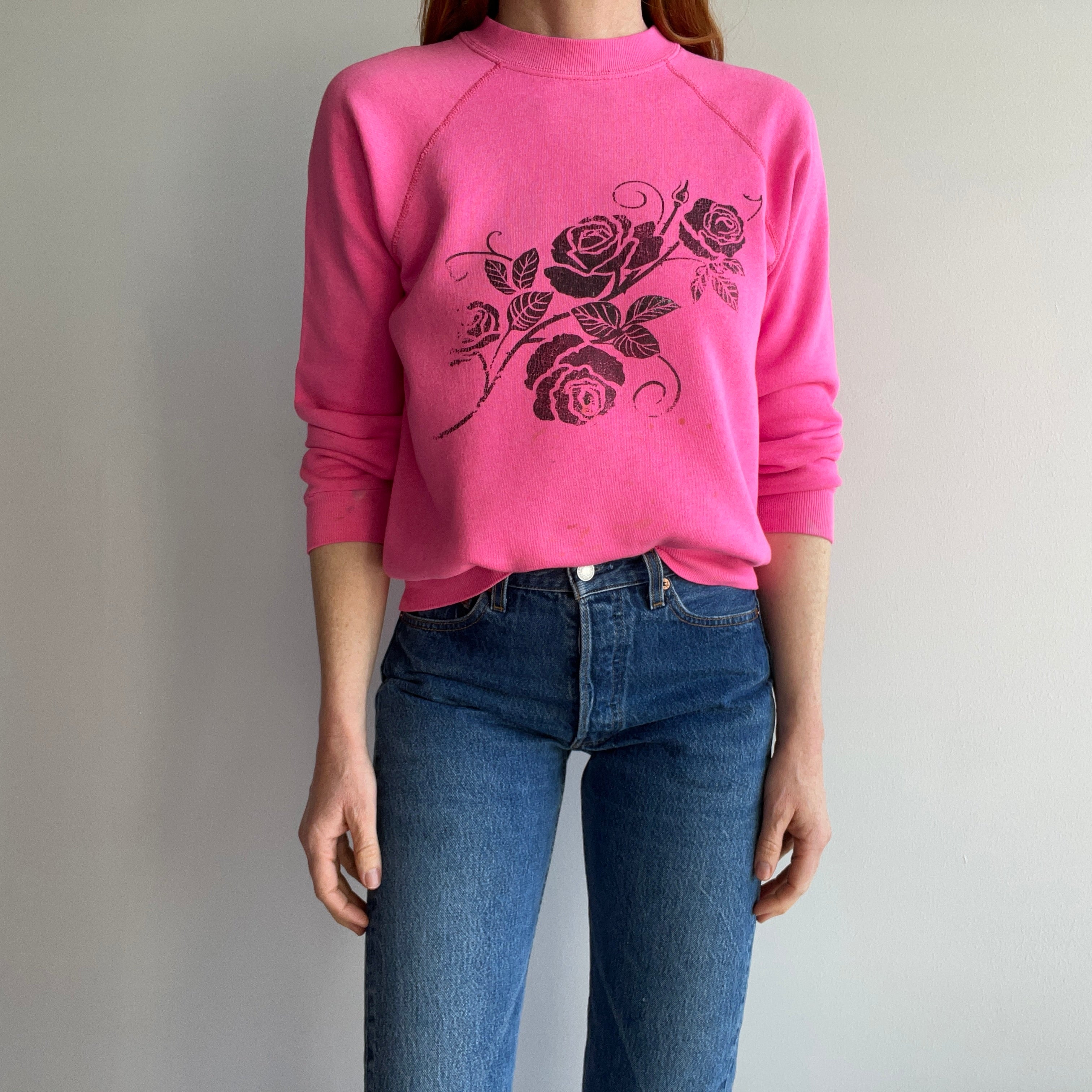 1980s Hot Faded Pink Roses Sweatshirt