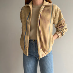 1980s Striped Velour Mock Neck Zip Up with Rust Age Spotting