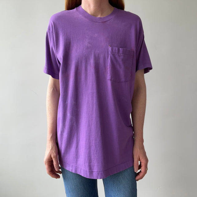 1980s Super Rad Sun Faded Bleached Out Worn Purple Selvedge Pocket T-Shirt