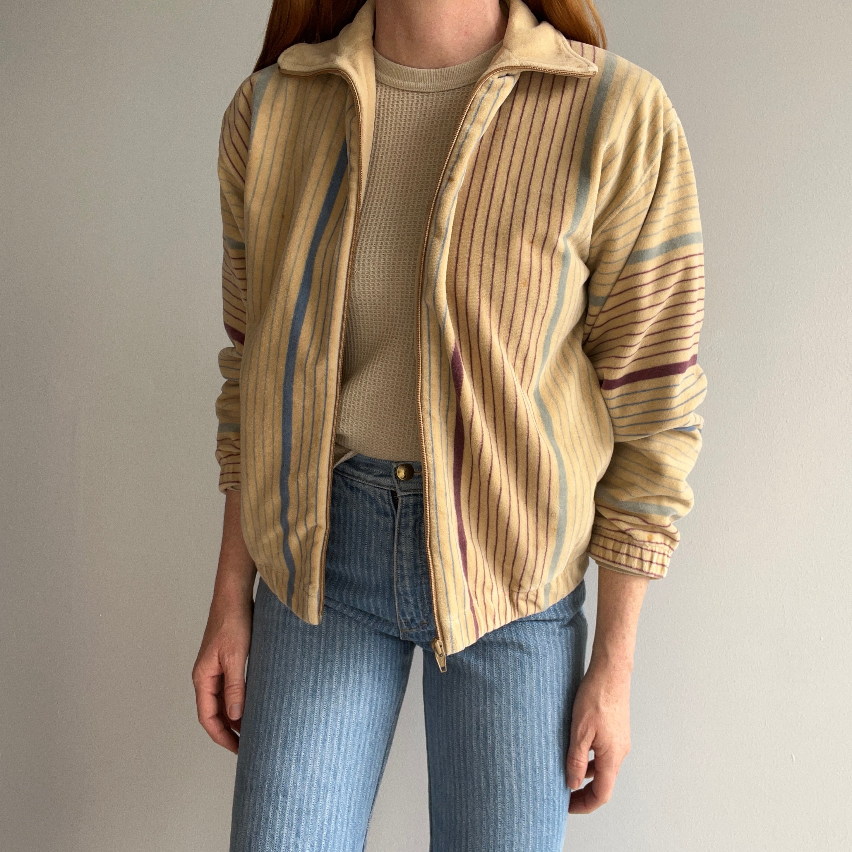 1980s Striped Velour Mock Neck Zip Up with Rust Age Spotting