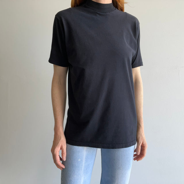 2000s Soft Jockey Mock Neck Blank Black T-Shirt